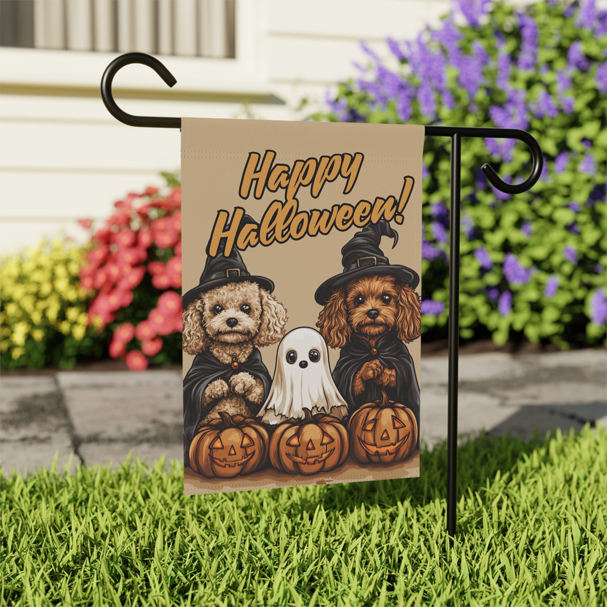 Two Poodles and Ghost Halloween Garden Flag - outdoor display - Dragonfire Gardens