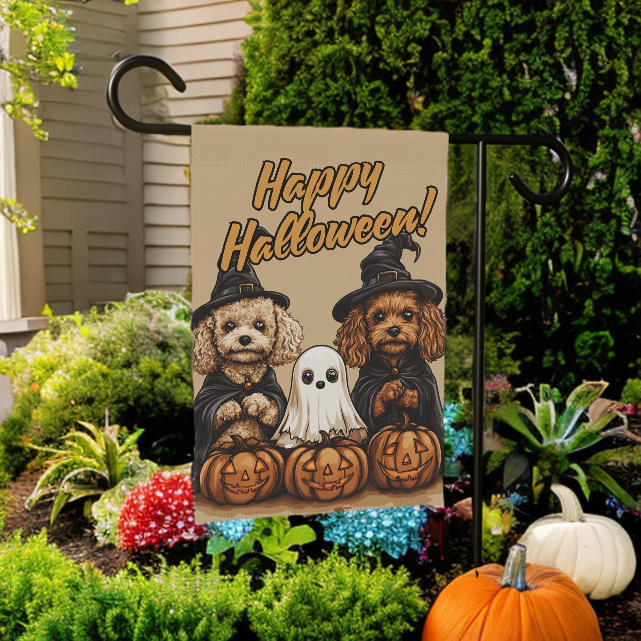 Two Poodles and Ghost Halloween Garden Flag - size comparison - Dragonfire Gardens