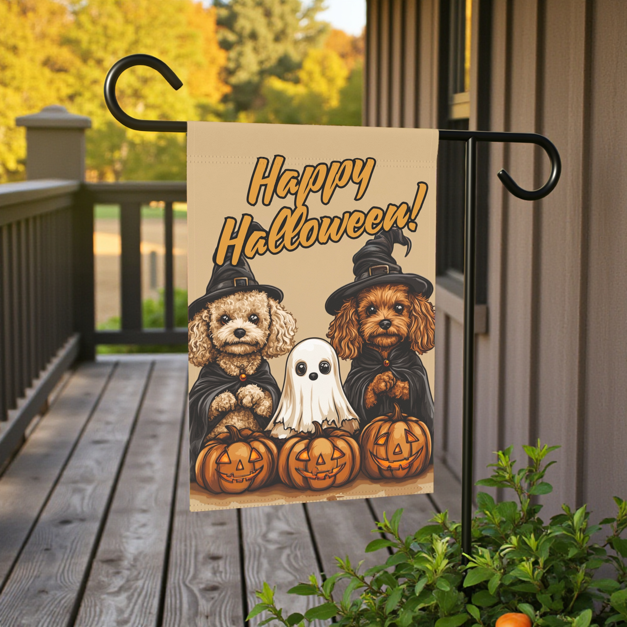 Two Poodles and Ghost Halloween Garden Flag - lifestyle display - Dragonfire Gardens