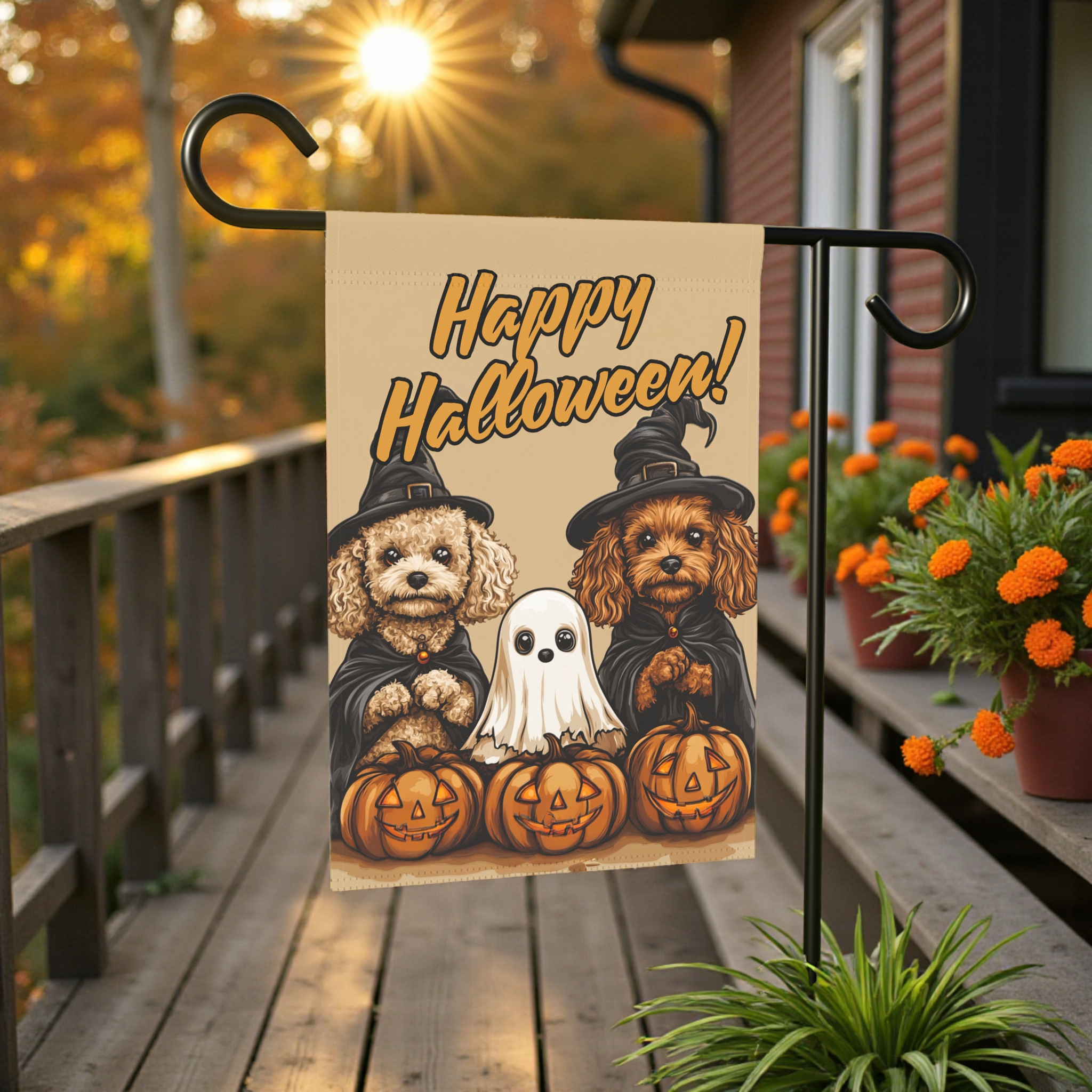 Two Poodles and Ghost Halloween Garden Flag - front view - Dragonfire Gardens