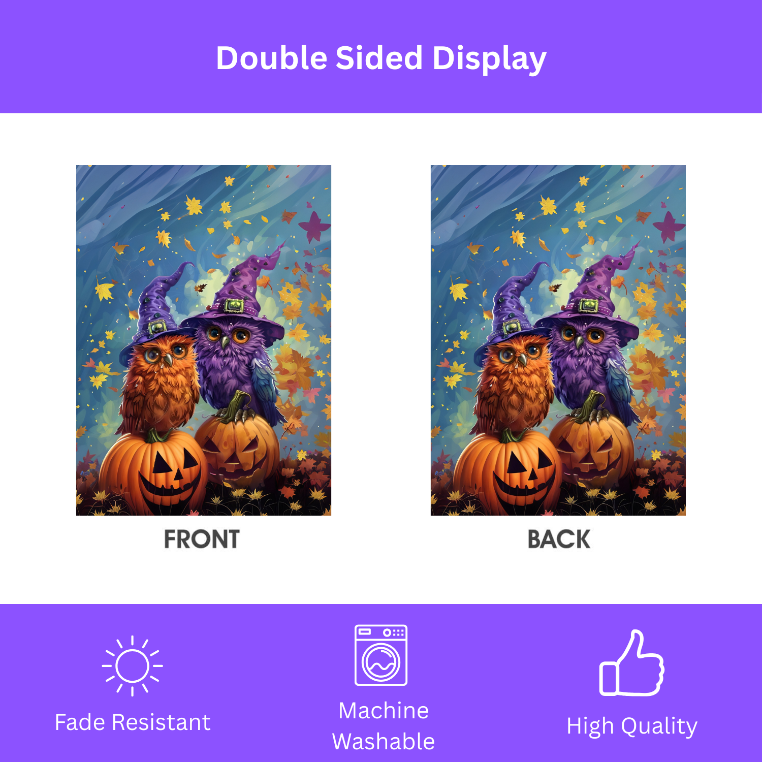 Two Witch Owls Halloween Garden Flag - double-sided design - Dragonfire Gardens