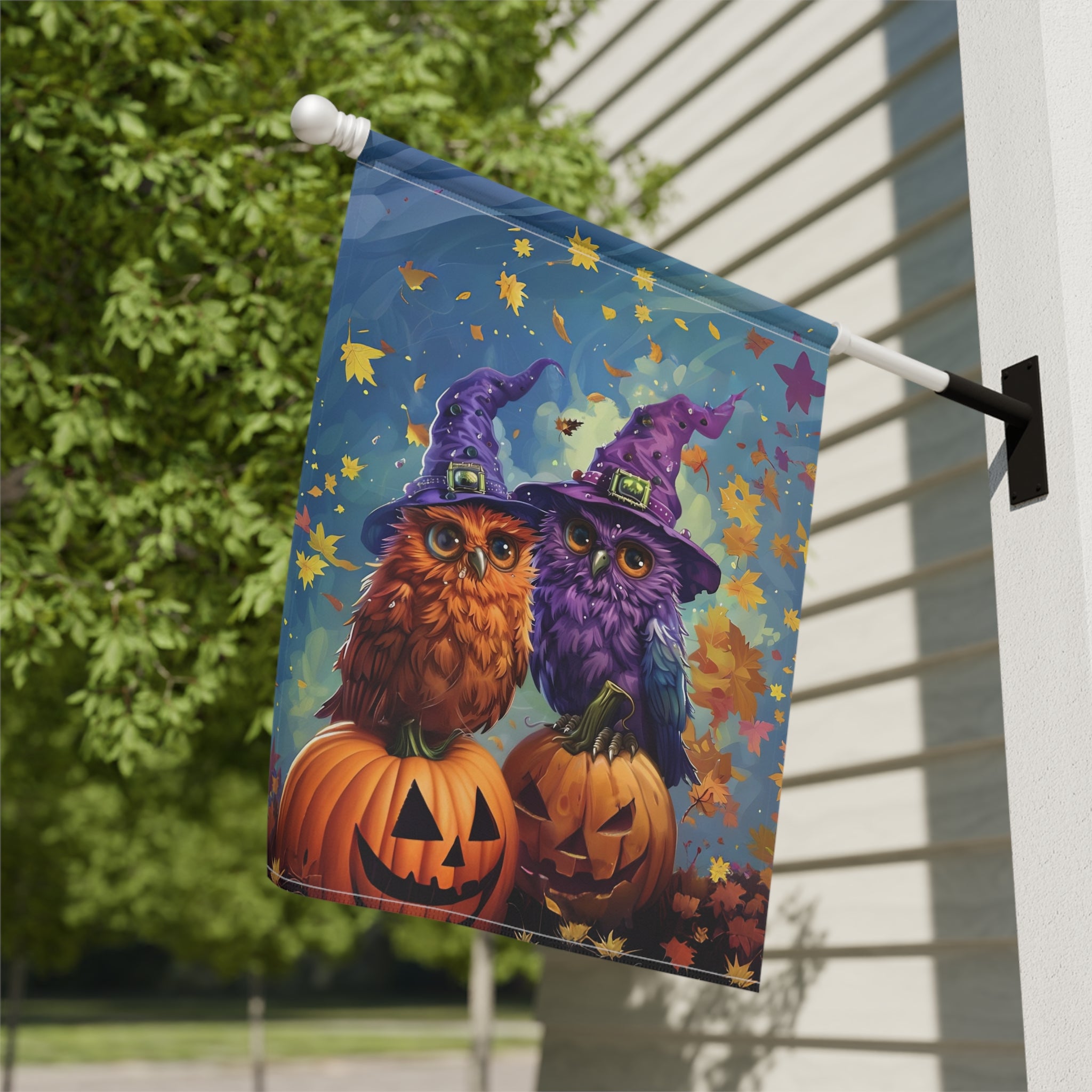 Two Witch Owls Halloween Garden Flag - close-up detail - Dragonfire Gardens