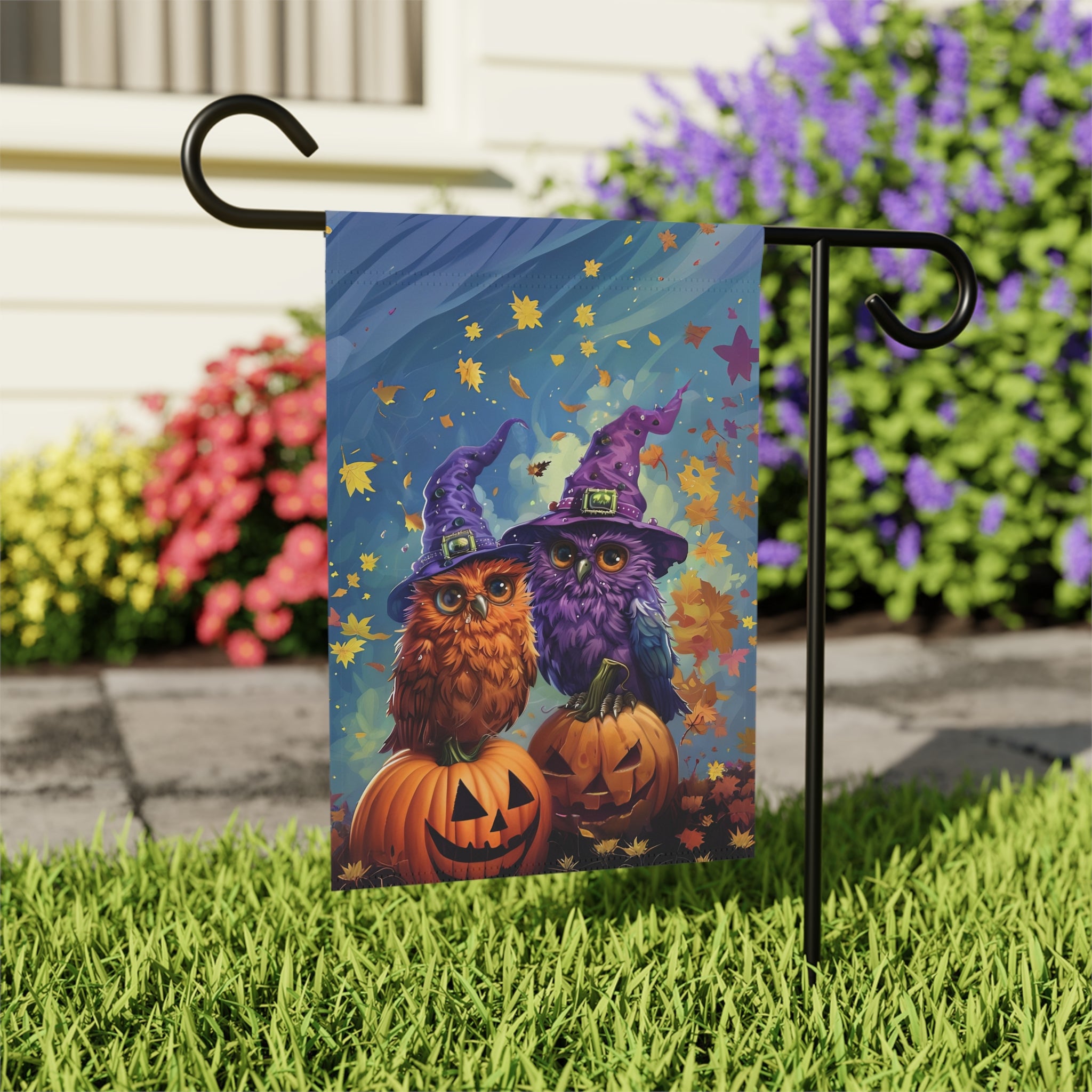 Two Witch Owls Halloween Garden Flag - outdoor display - Dragonfire Gardens