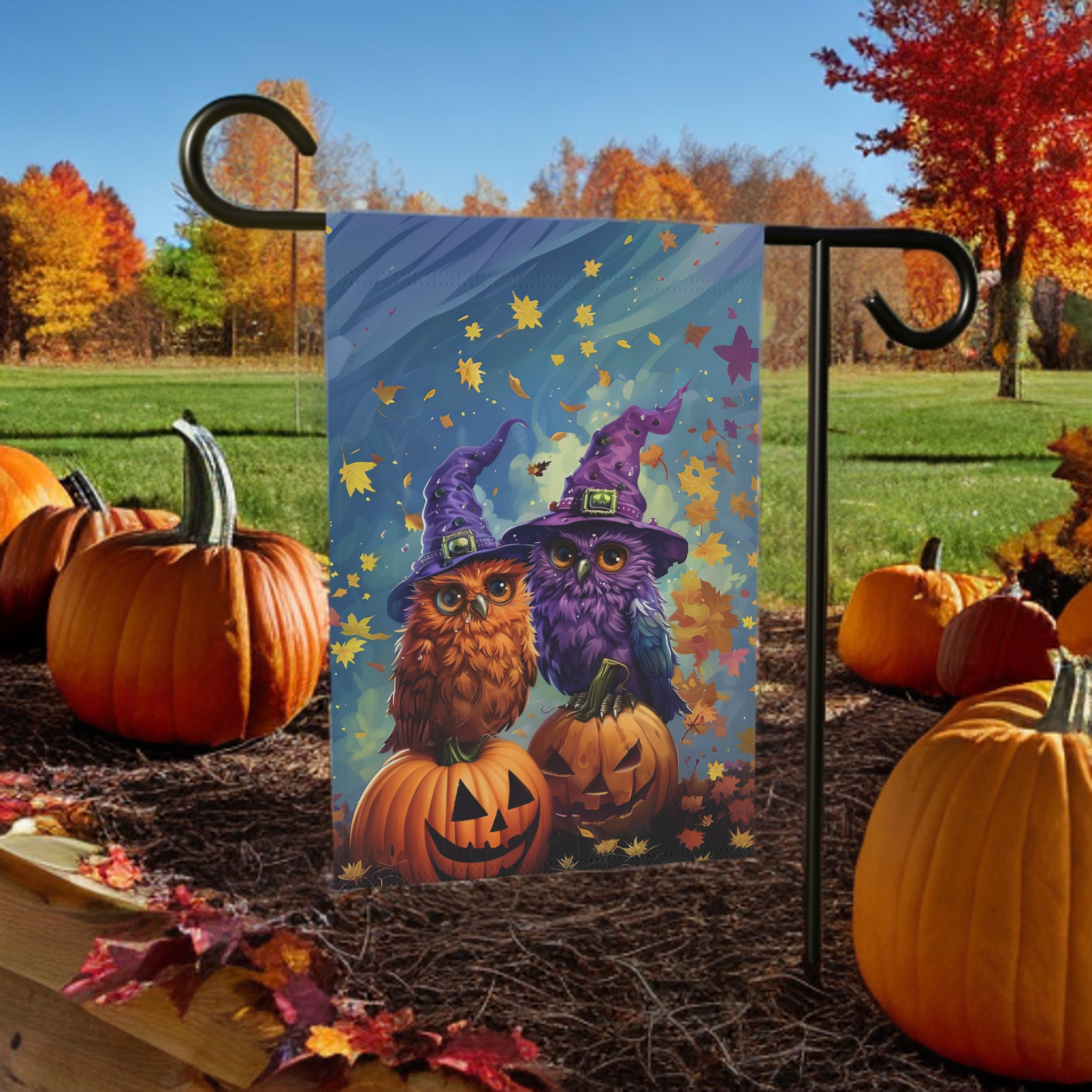 Two Witch Owls Halloween Garden Flag - size comparison - Dragonfire Gardens