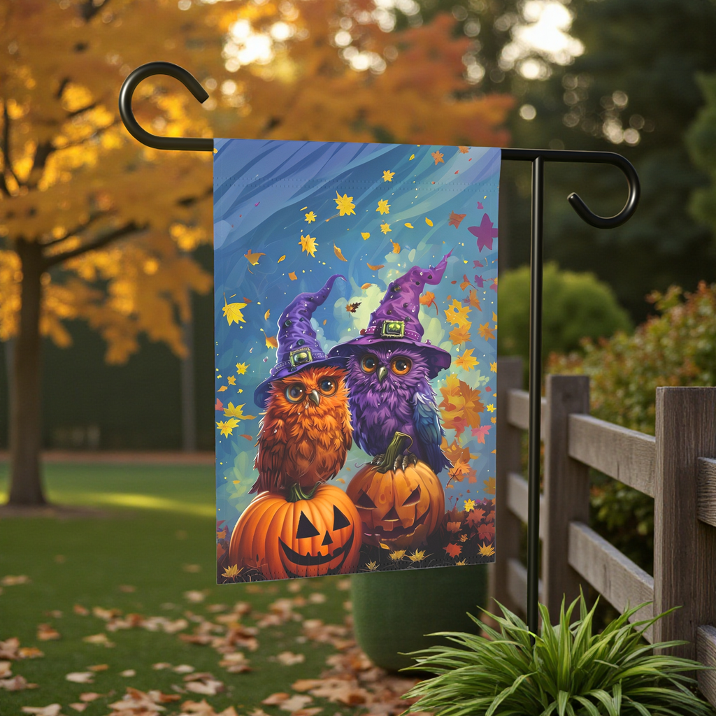 Two Witch Owls Halloween Garden Flag - front view - Dragonfire Gardens