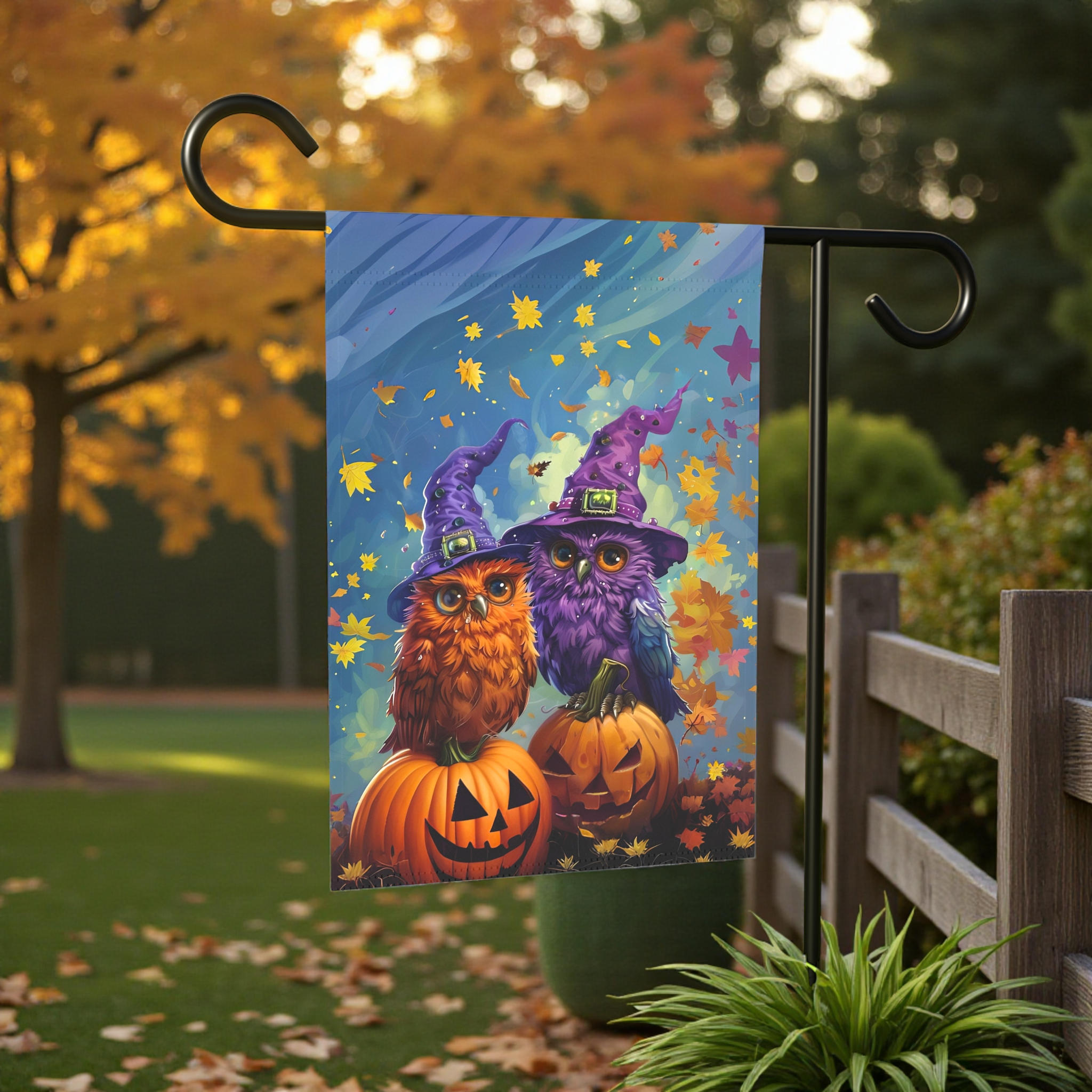 Two Witch Owls Halloween Garden Flag - front view - Dragonfire Gardens
