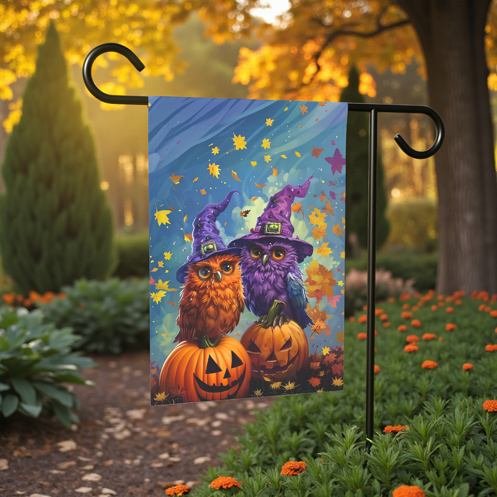 Two Witch Owls Halloween Garden Flag - lifestyle display - Dragonfire Gardens