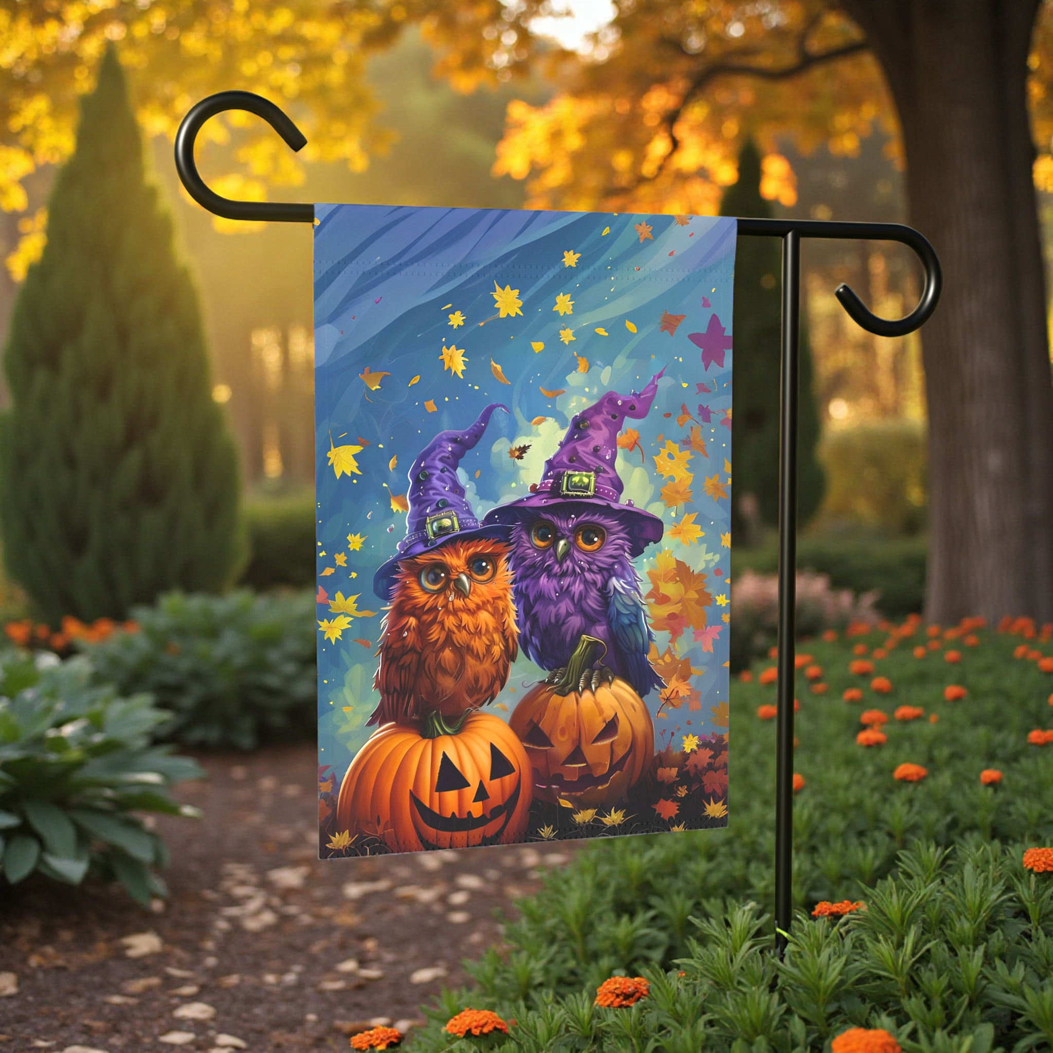 Two Witch Owls Halloween Garden Flag - lifestyle display - Dragonfire Gardens