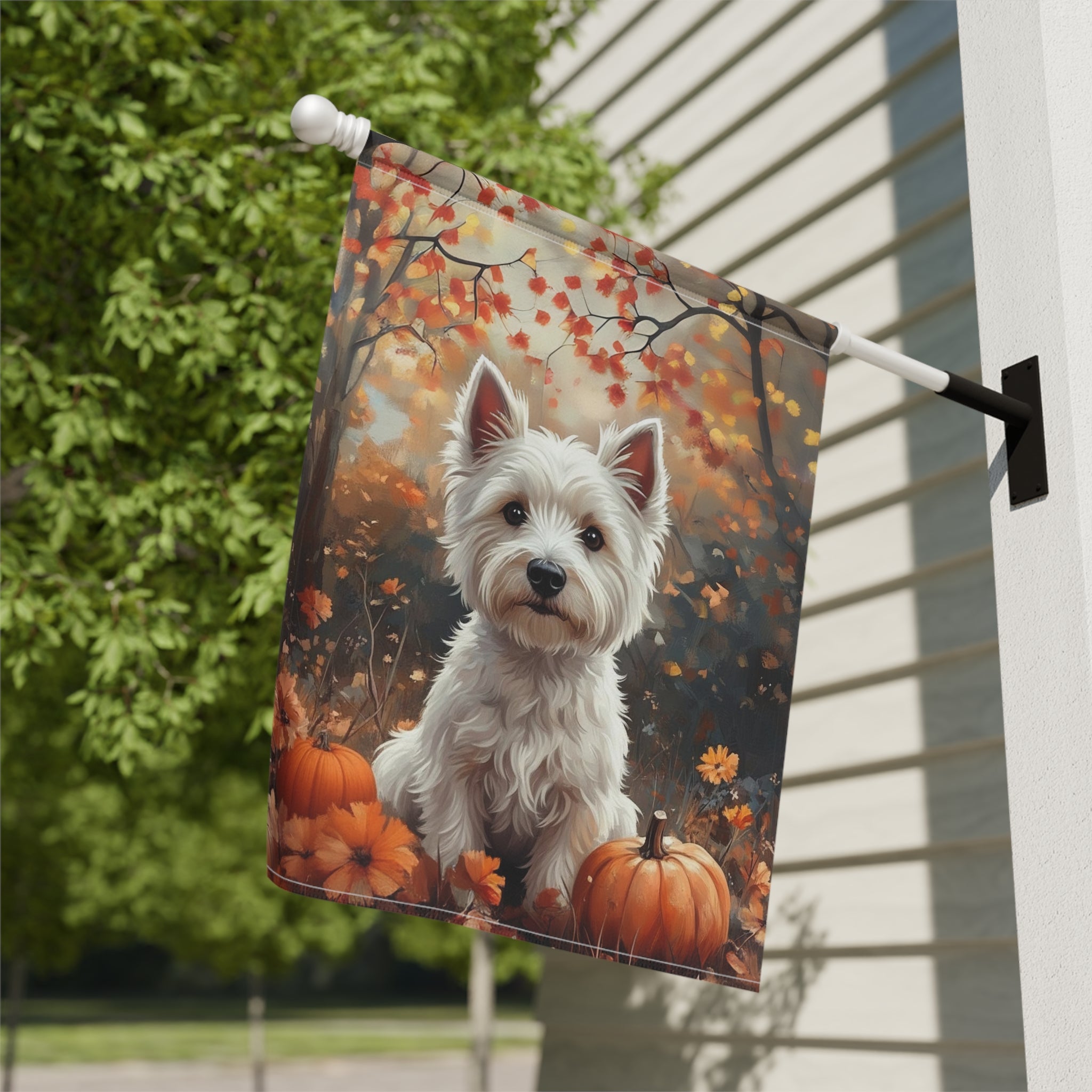 Fall Westie and Pumpkin Garden Flag - close-up detail - Dragonfire Gardens