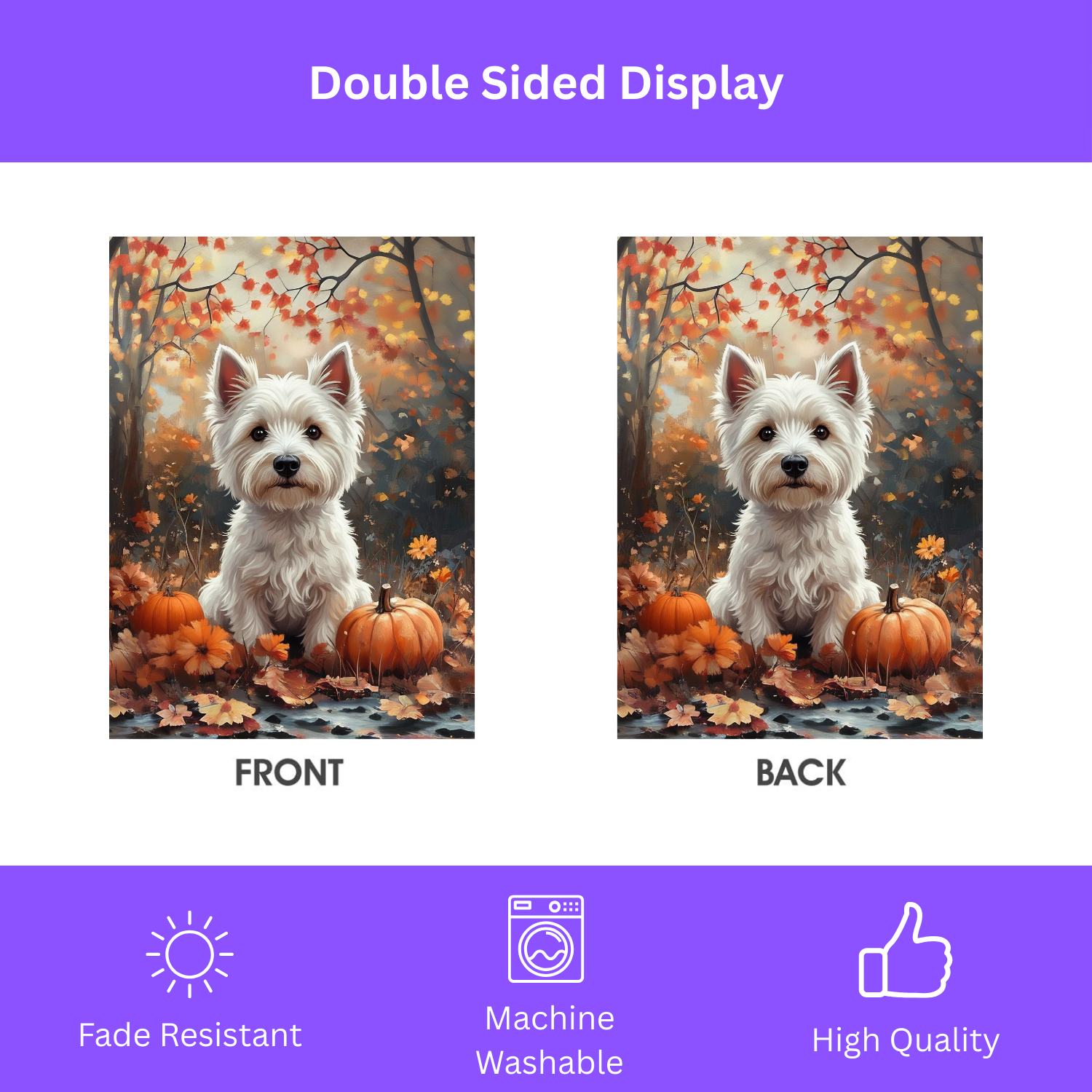 Fall Westie and Pumpkin Garden Flag - double-sided design - Dragonfire Gardens