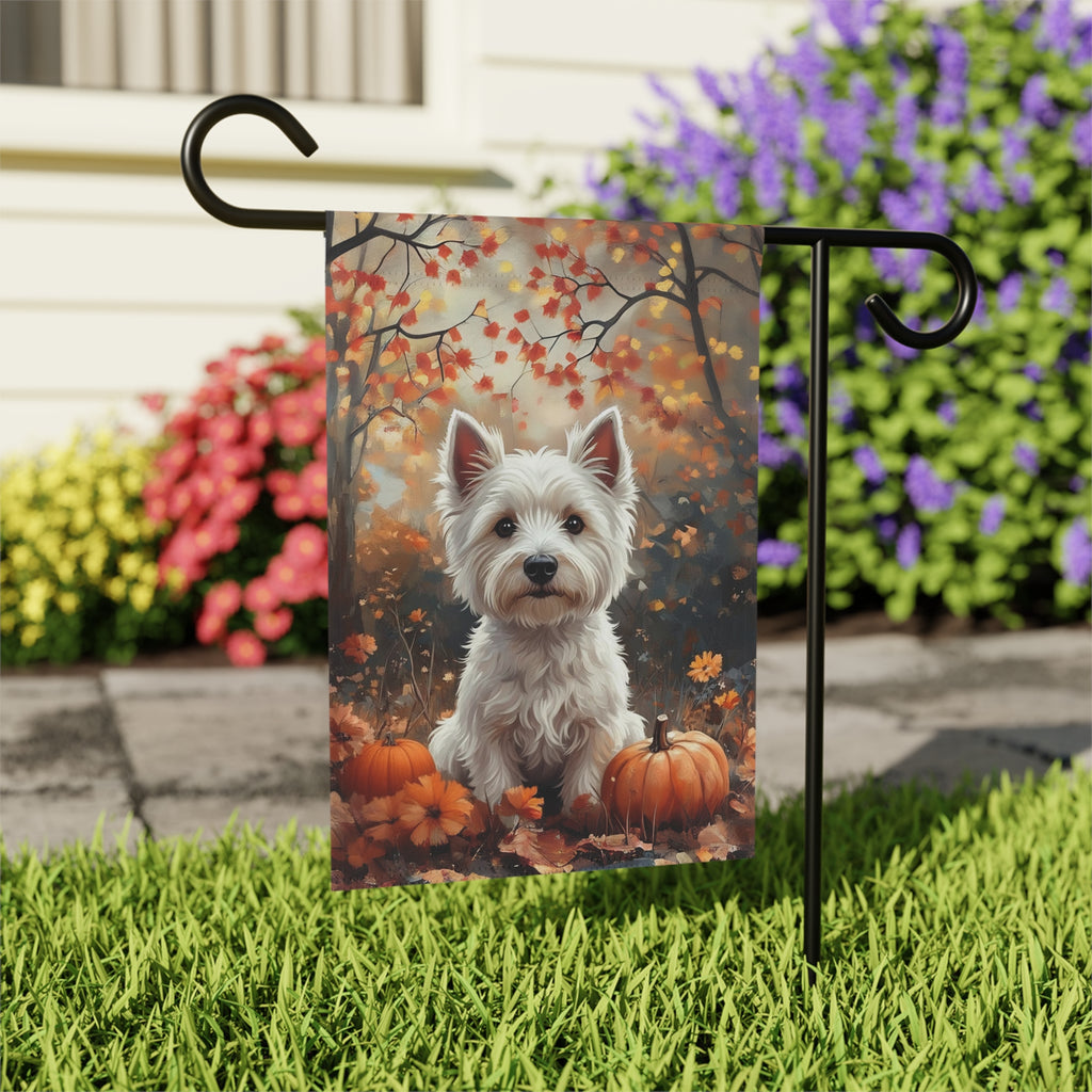 Fall Westie and Pumpkin Garden Flag - outdoor display - Dragonfire Gardens