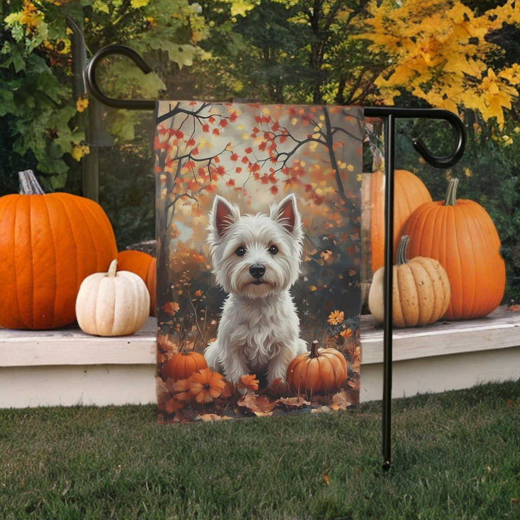 Fall Westie and Pumpkin Garden Flag - lifestyle display - Dragonfire Gardens