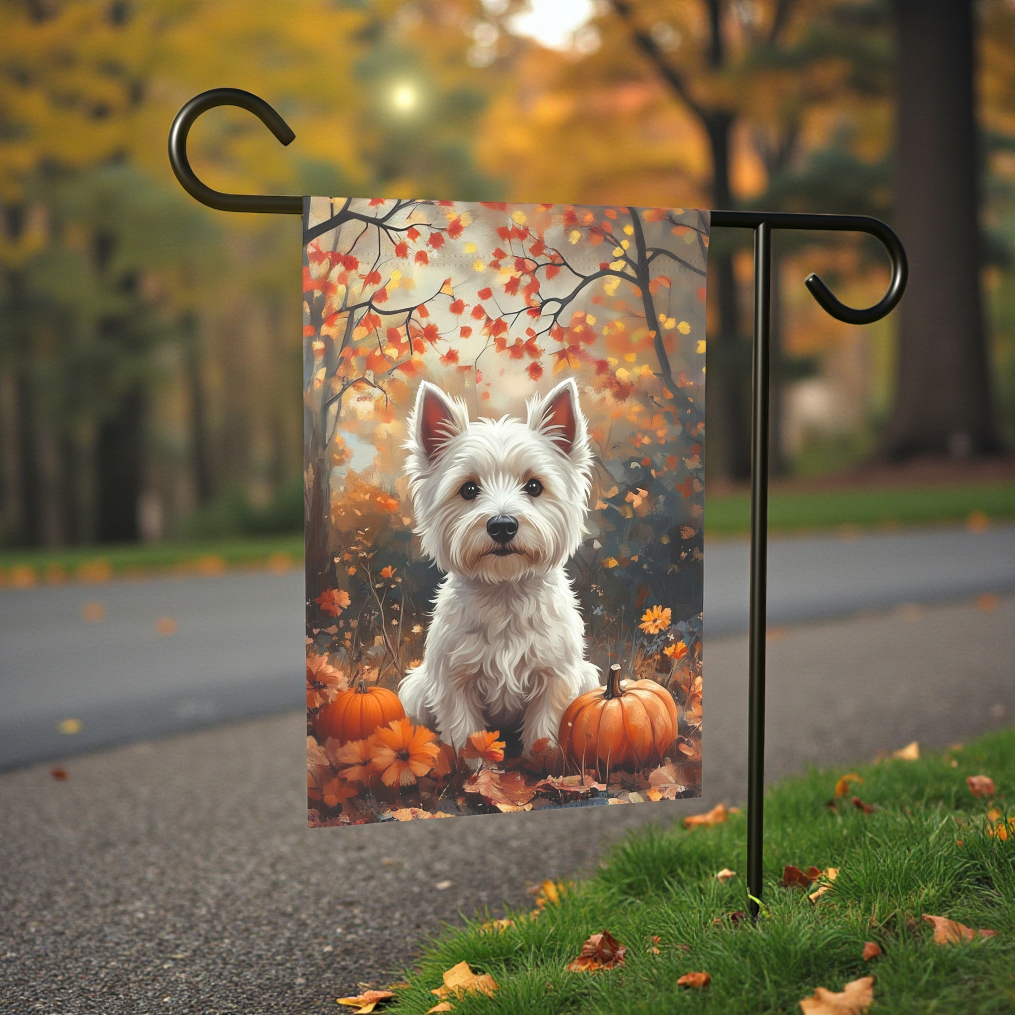 Fall Westie and Pumpkin Garden Flag - front view - Dragonfire Gardens