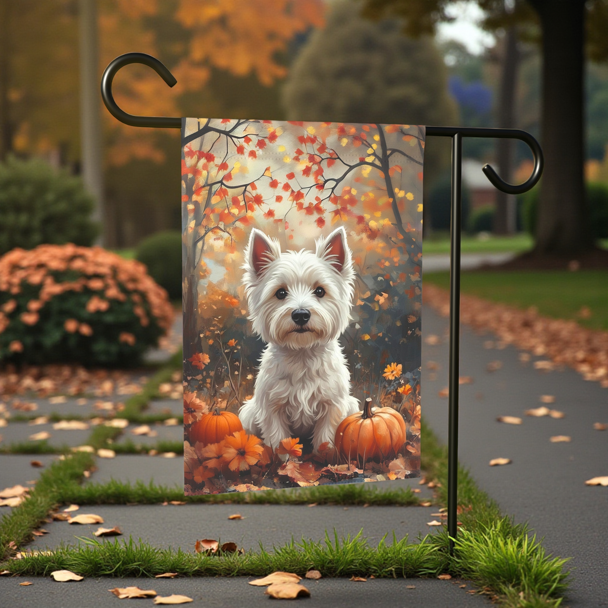 Fall Westie and Pumpkin Garden Flag - size comparison - Dragonfire Gardens