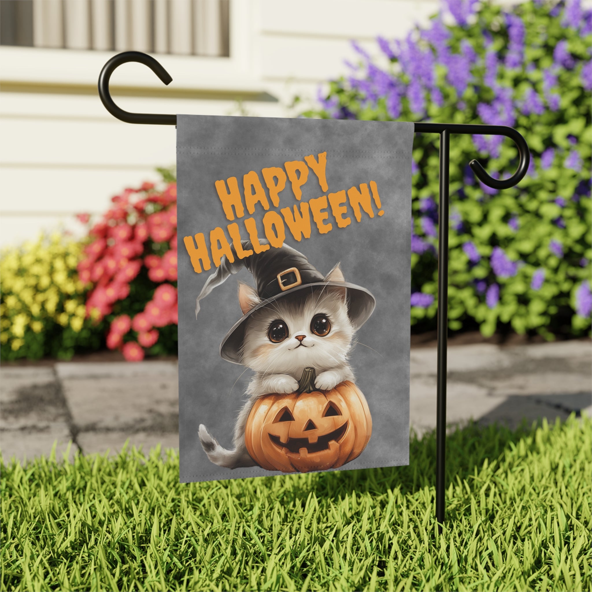 Kitten and Pumpkin Halloween Garden Flag