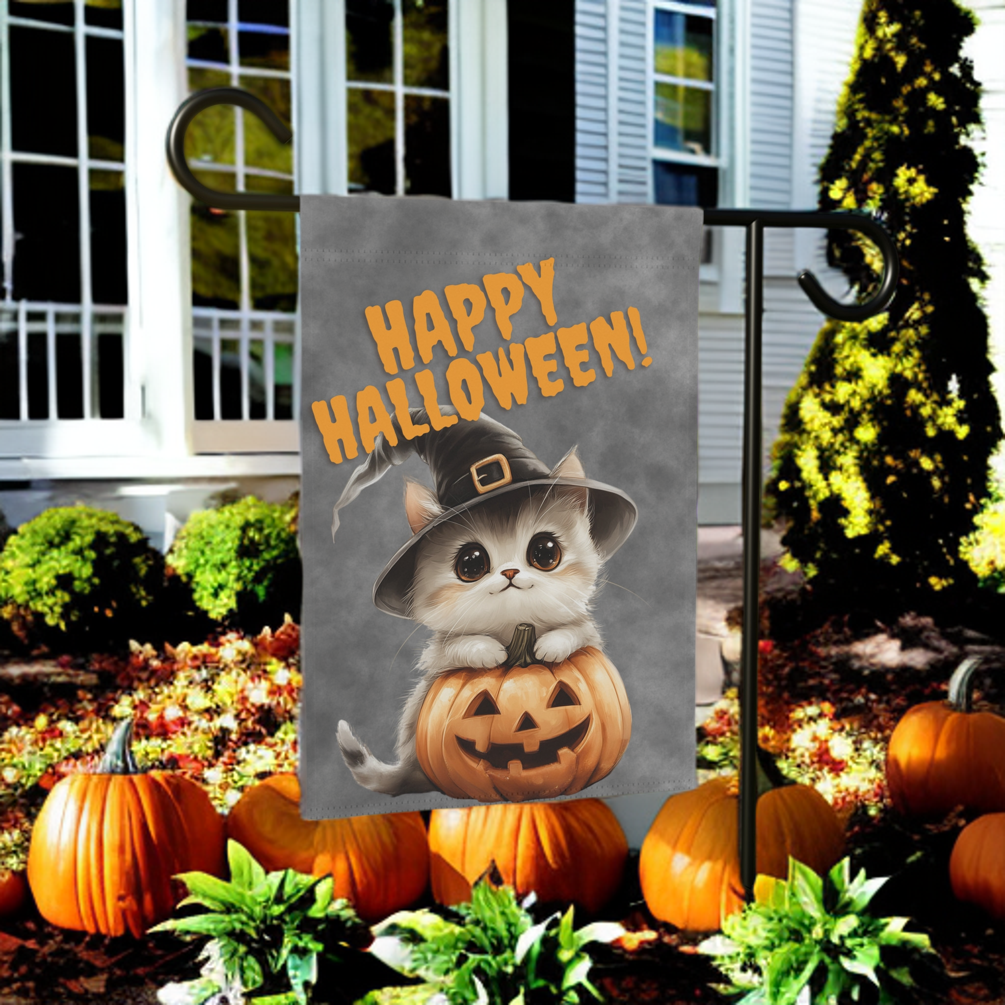 Kitten and Pumpkin Halloween Garden Flag