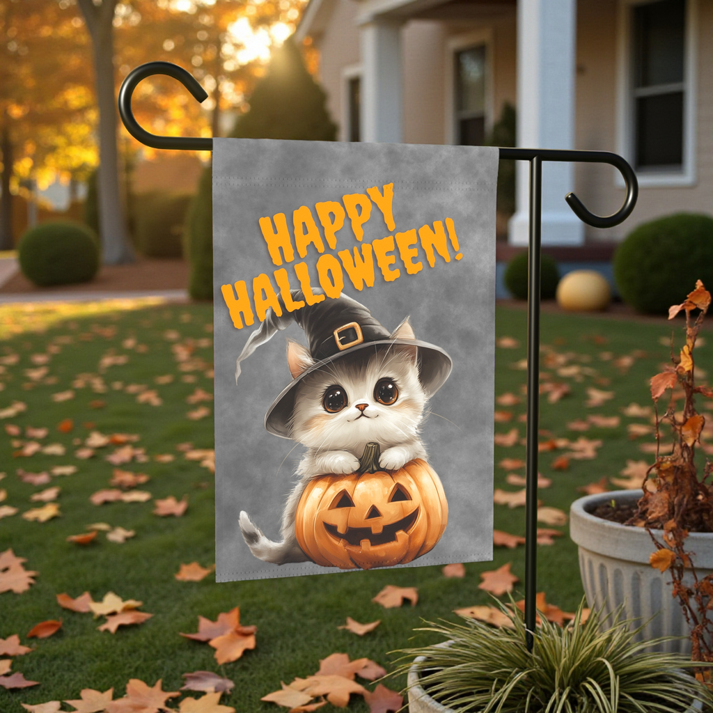 Kitten and Pumpkin Halloween Garden Flag - lifestyle display - Dragonfire Gardens