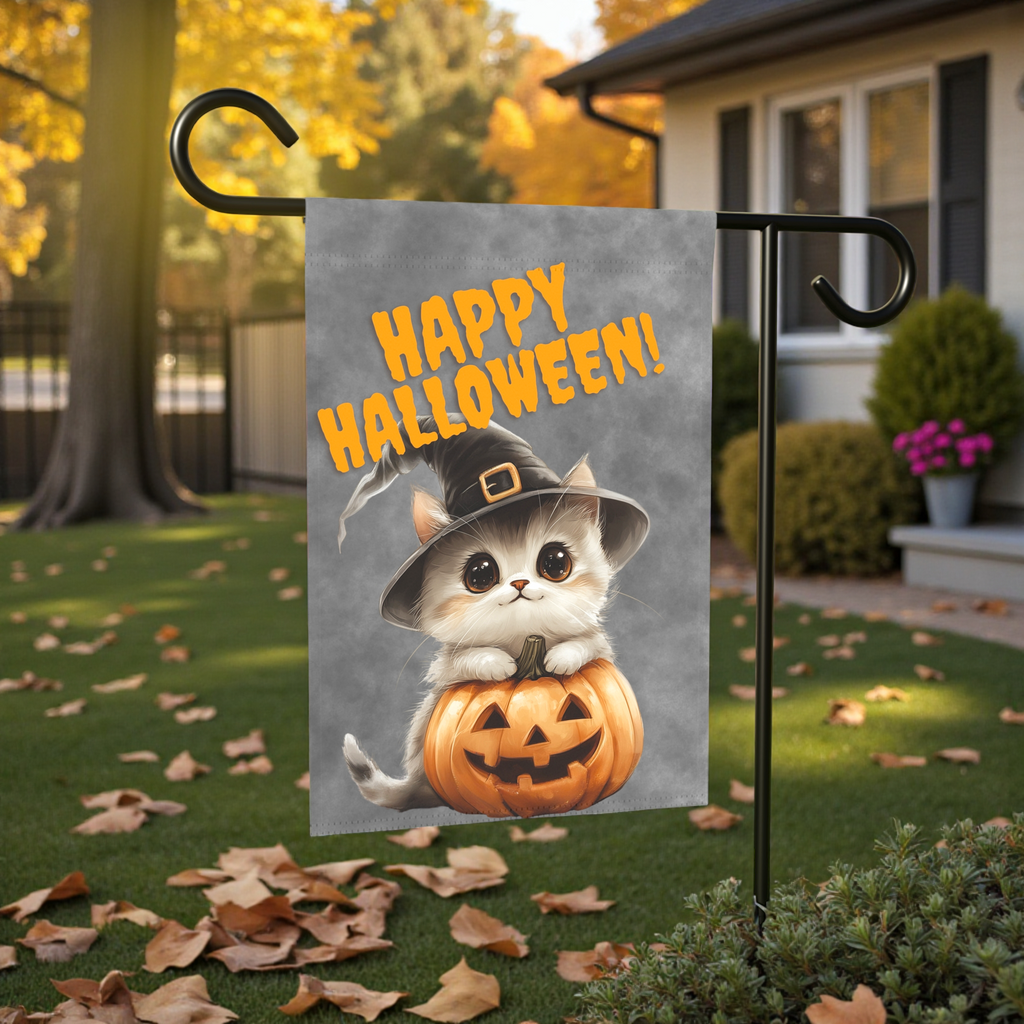 Kitten and Pumpkin Halloween Garden Flag - front view - Dragonfire Gardens