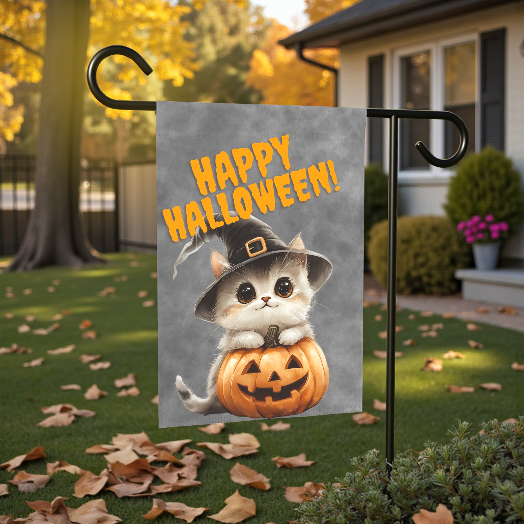 Kitten and Pumpkin Halloween Garden Flag