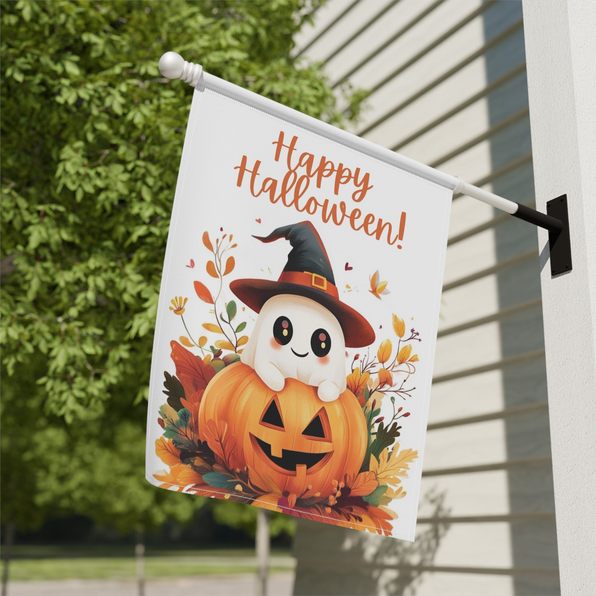 Cute Ghost and Jack-o-lantern Garden Flag - close-up detail - Dragonfire Gardens
