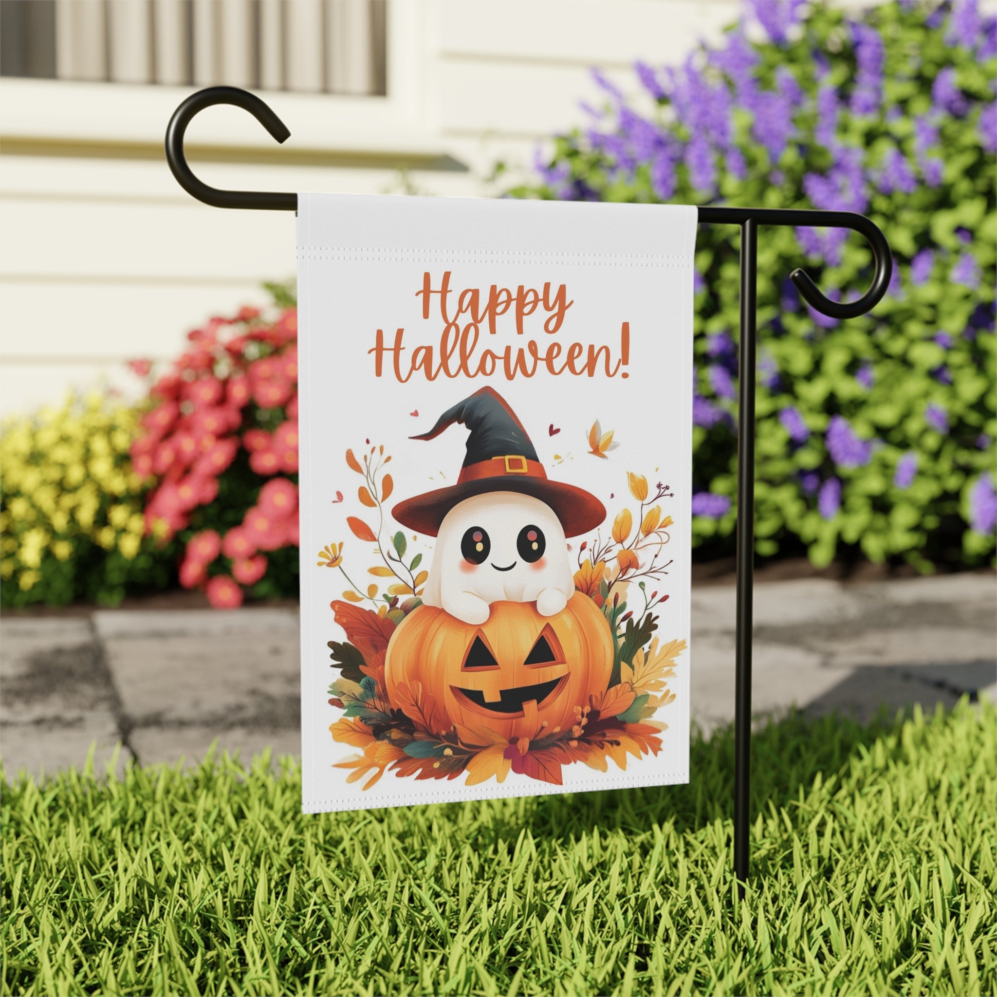 Cute Ghost and Jack-o-lantern Garden Flag - outdoor display - Dragonfire Gardens