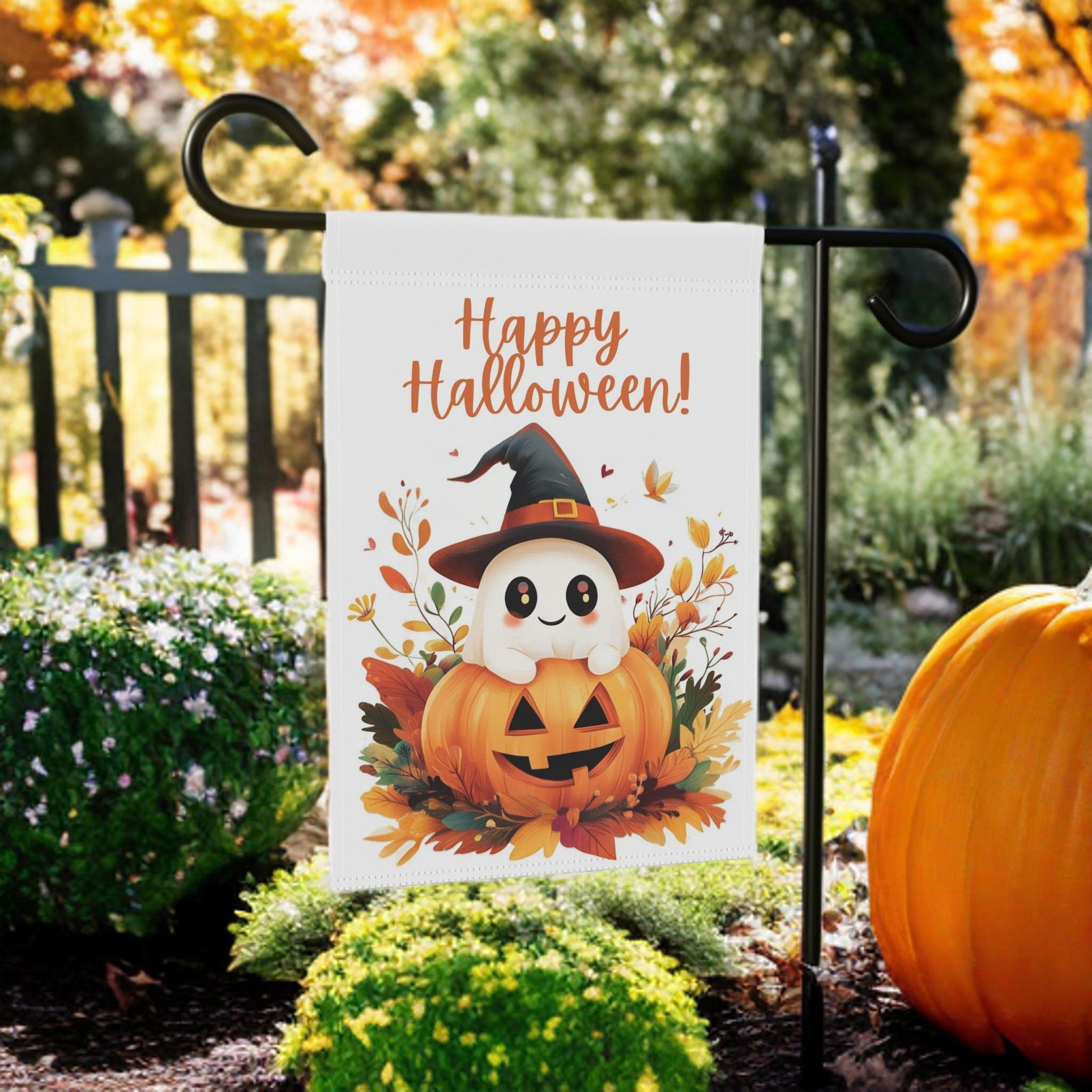 Cute Ghost and Jack-o-lantern Garden Flag - size comparison - Dragonfire Gardens