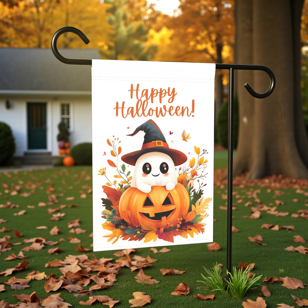 Cute Ghost and Jack-o-lantern Garden Flag - lifestyle display - Dragonfire Gardens