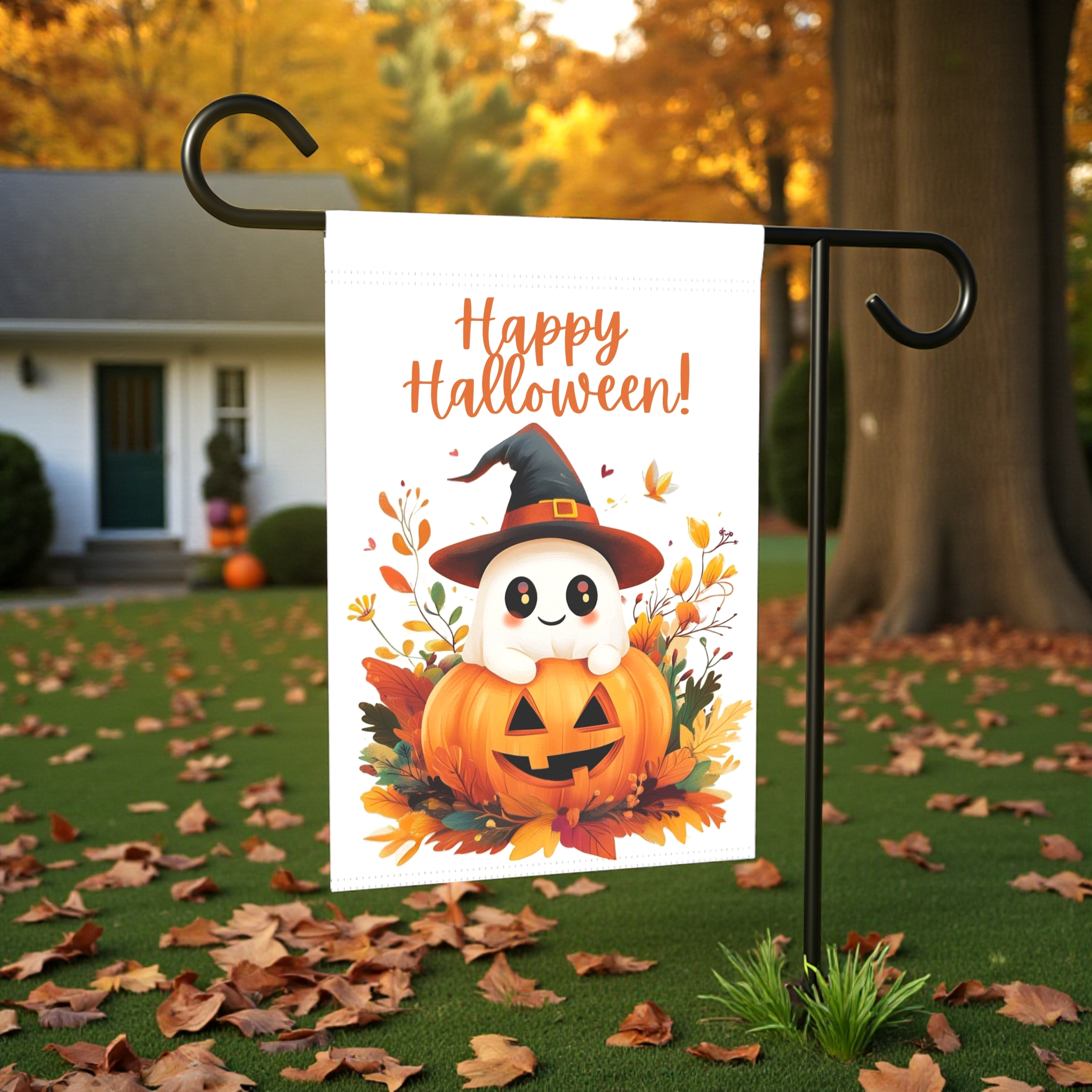 Cute Ghost and Jack-o-lantern Garden Flag - lifestyle display - Dragonfire Gardens