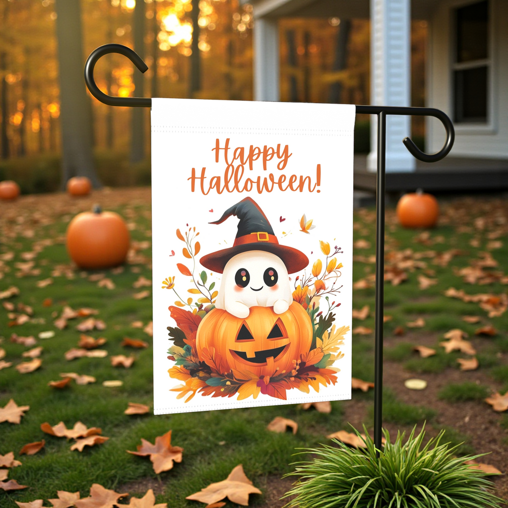 Cute Ghost and Jack-o-lantern Garden Flag - front view - Dragonfire Gardens
