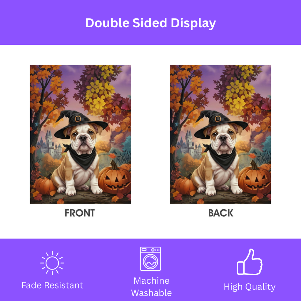Witch Hat Bulldog Puppy Halloween Garden Flag - double-sided design - Dragonfire Gardens