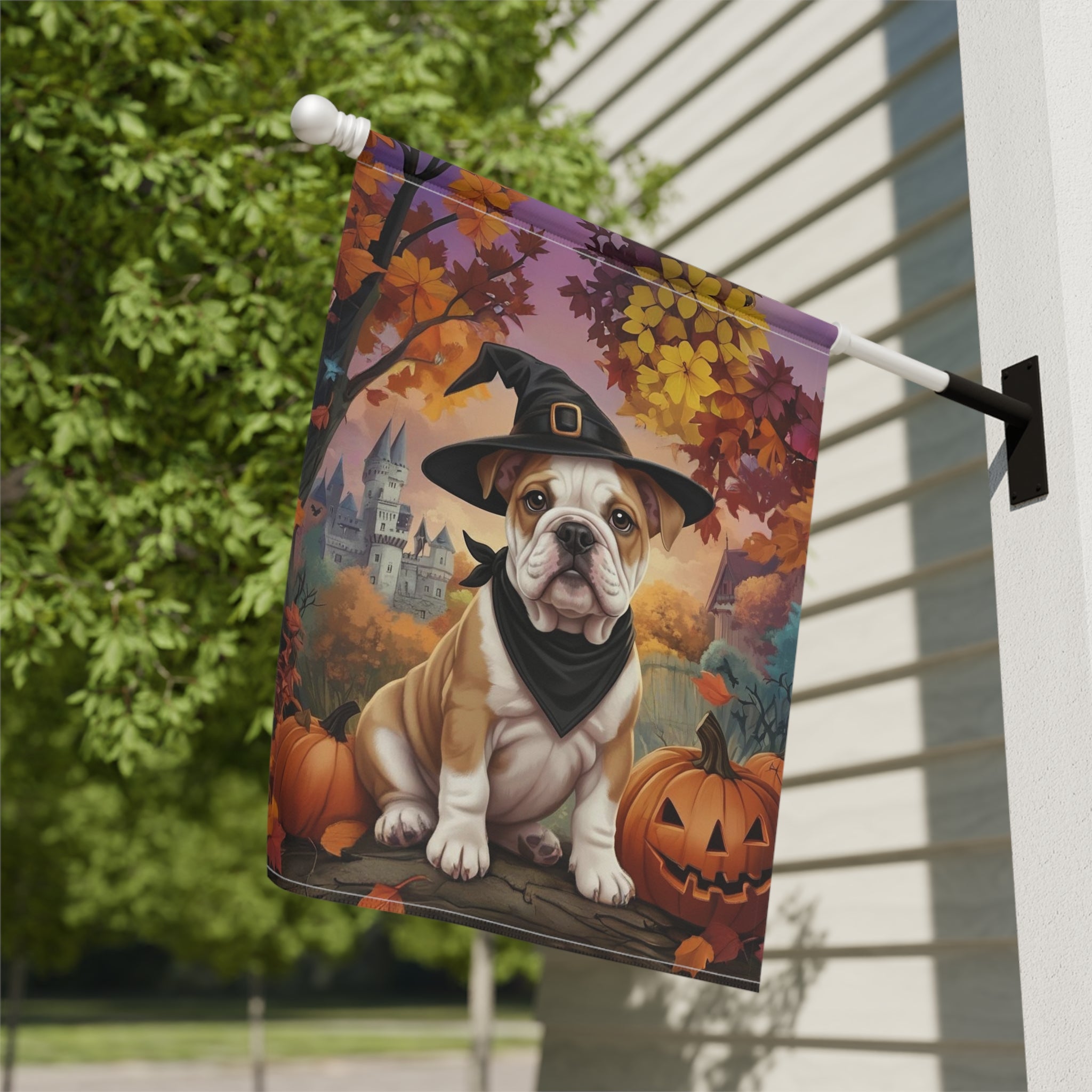 Witch Hat Bulldog Puppy Halloween Garden Flag - close-up detail - Dragonfire Gardens