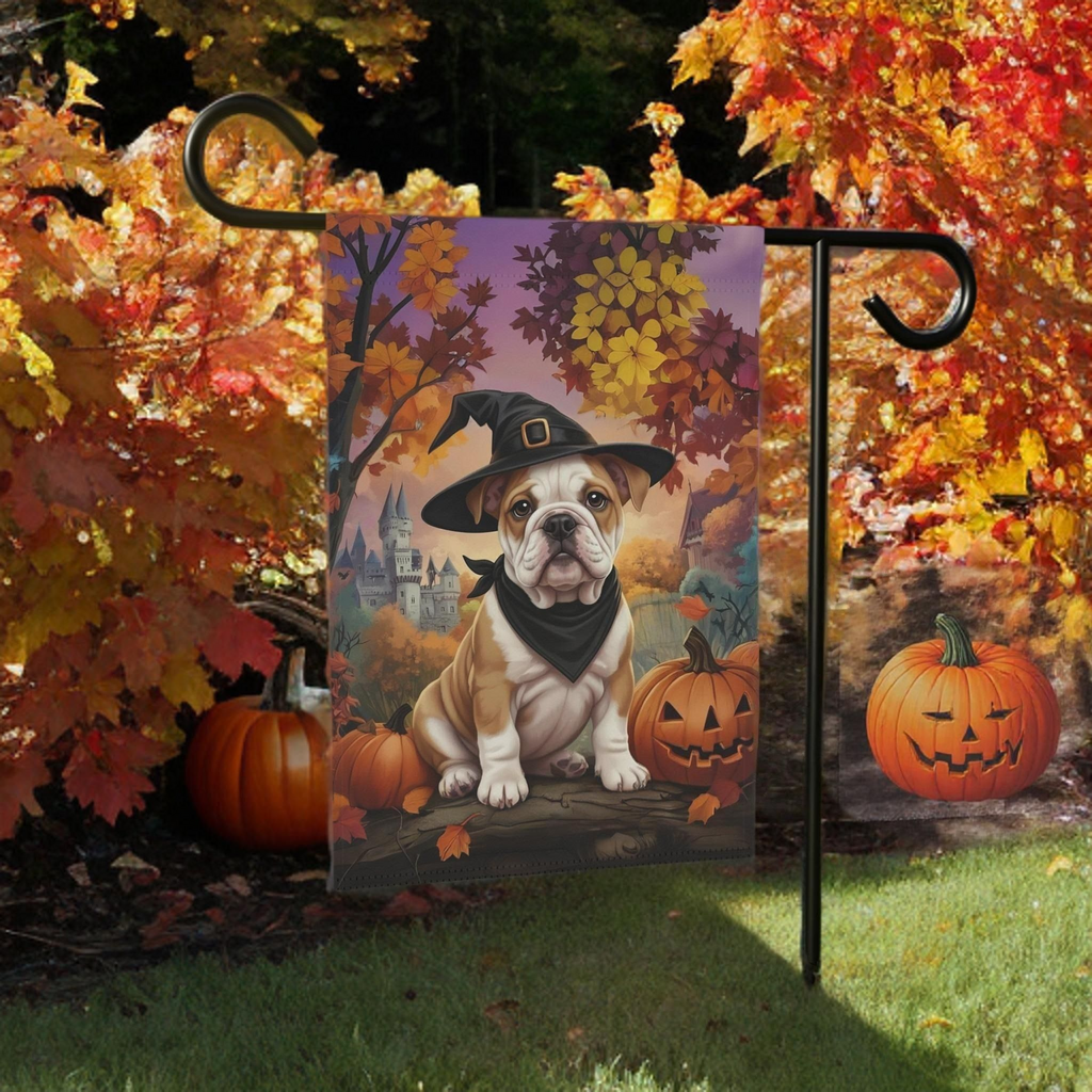 Witch Hat Bulldog Puppy Halloween Garden Flag - lifestyle display - Dragonfire Gardens