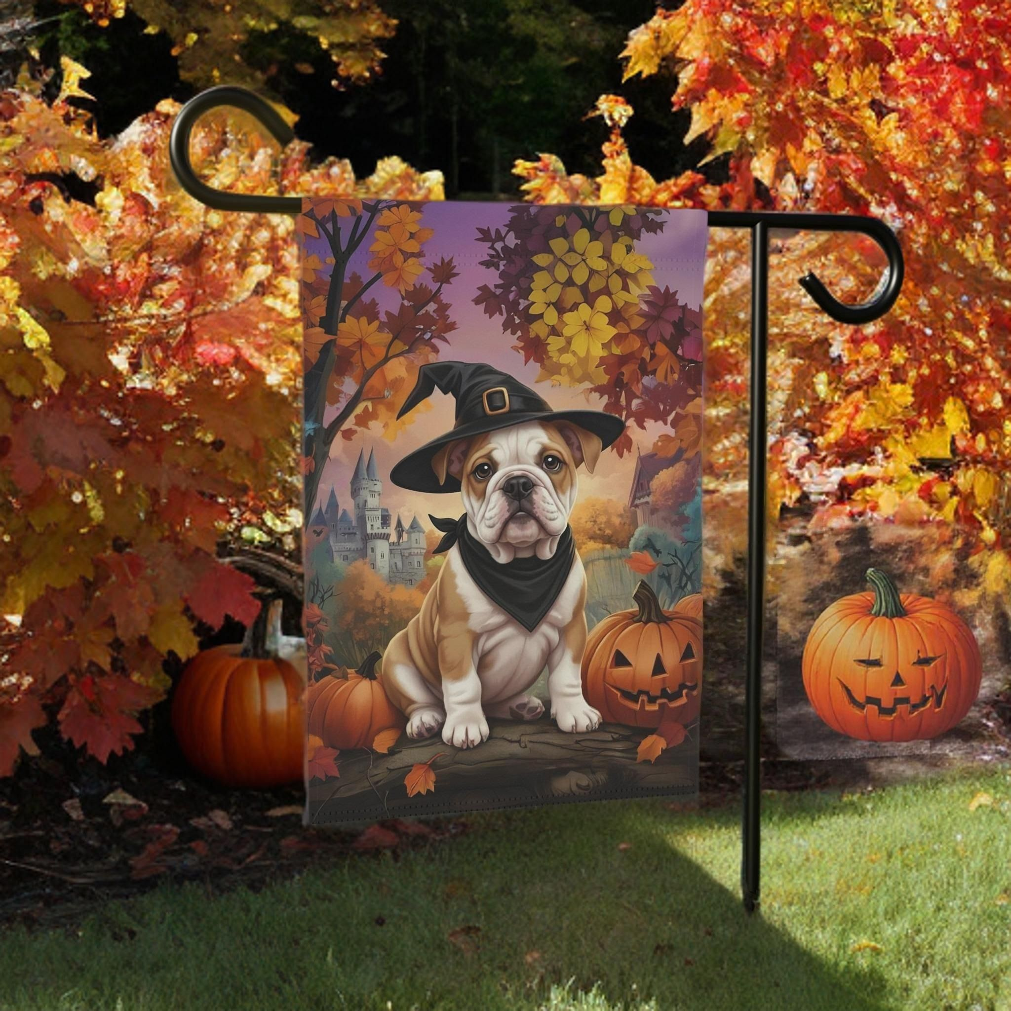 Witch Hat Bulldog Puppy Halloween Garden Flag - lifestyle display - Dragonfire Gardens