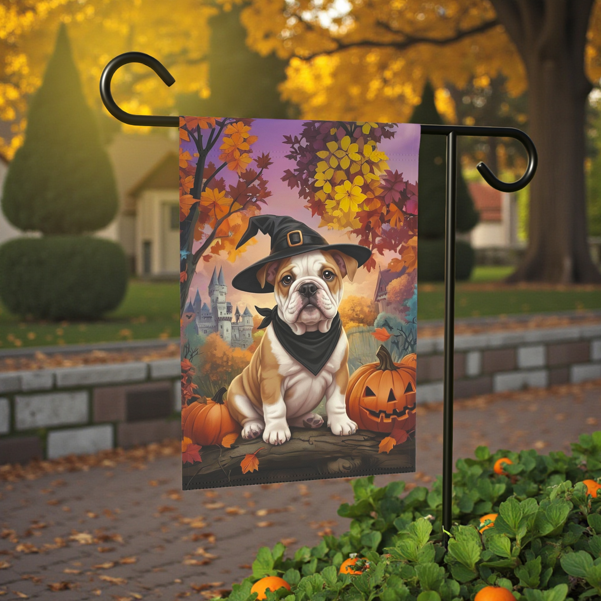 Witch Hat Bulldog Puppy Halloween Garden Flag - size comparison - Dragonfire Gardens