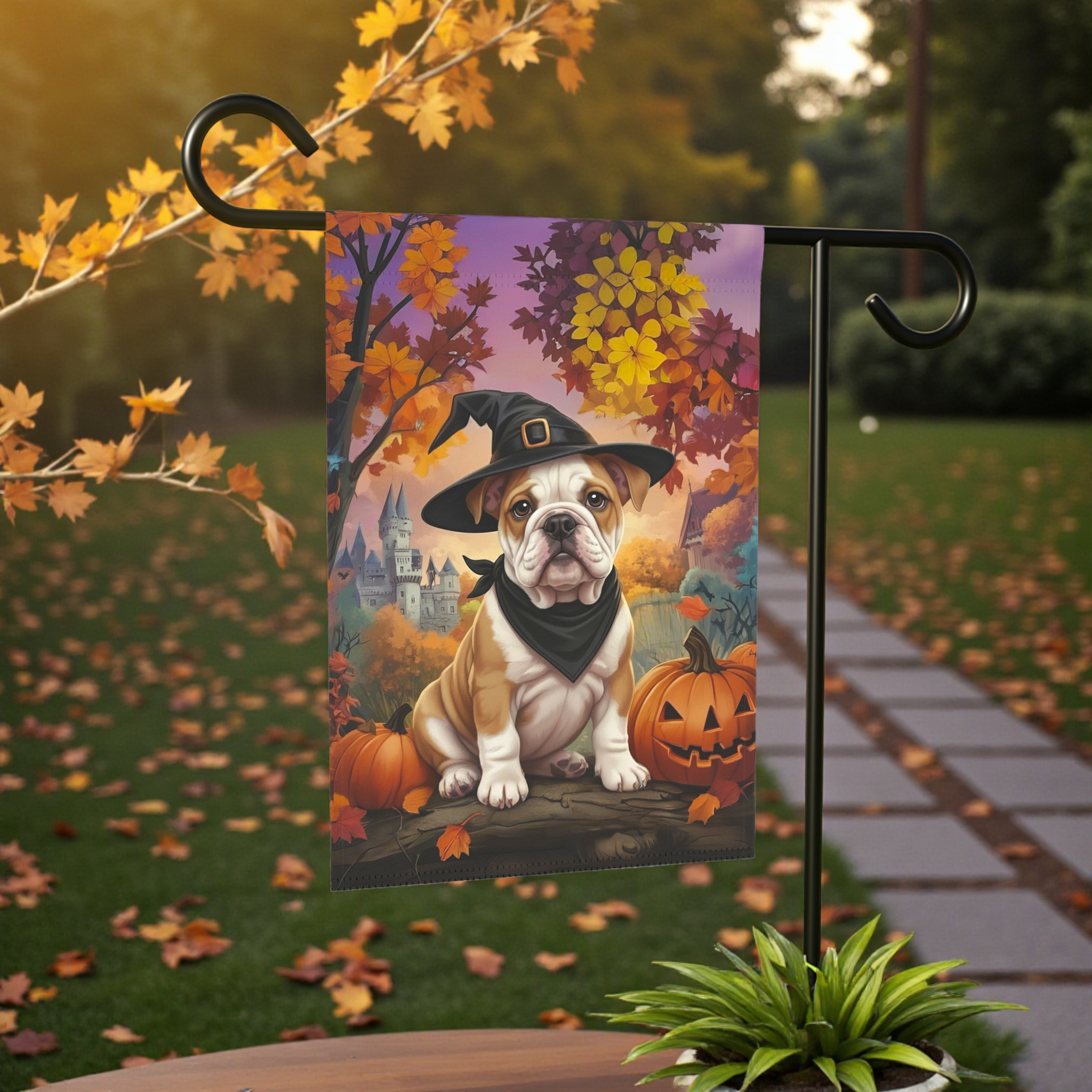 Witch Hat Bulldog Puppy Halloween Garden Flag - front view - Dragonfire Gardens