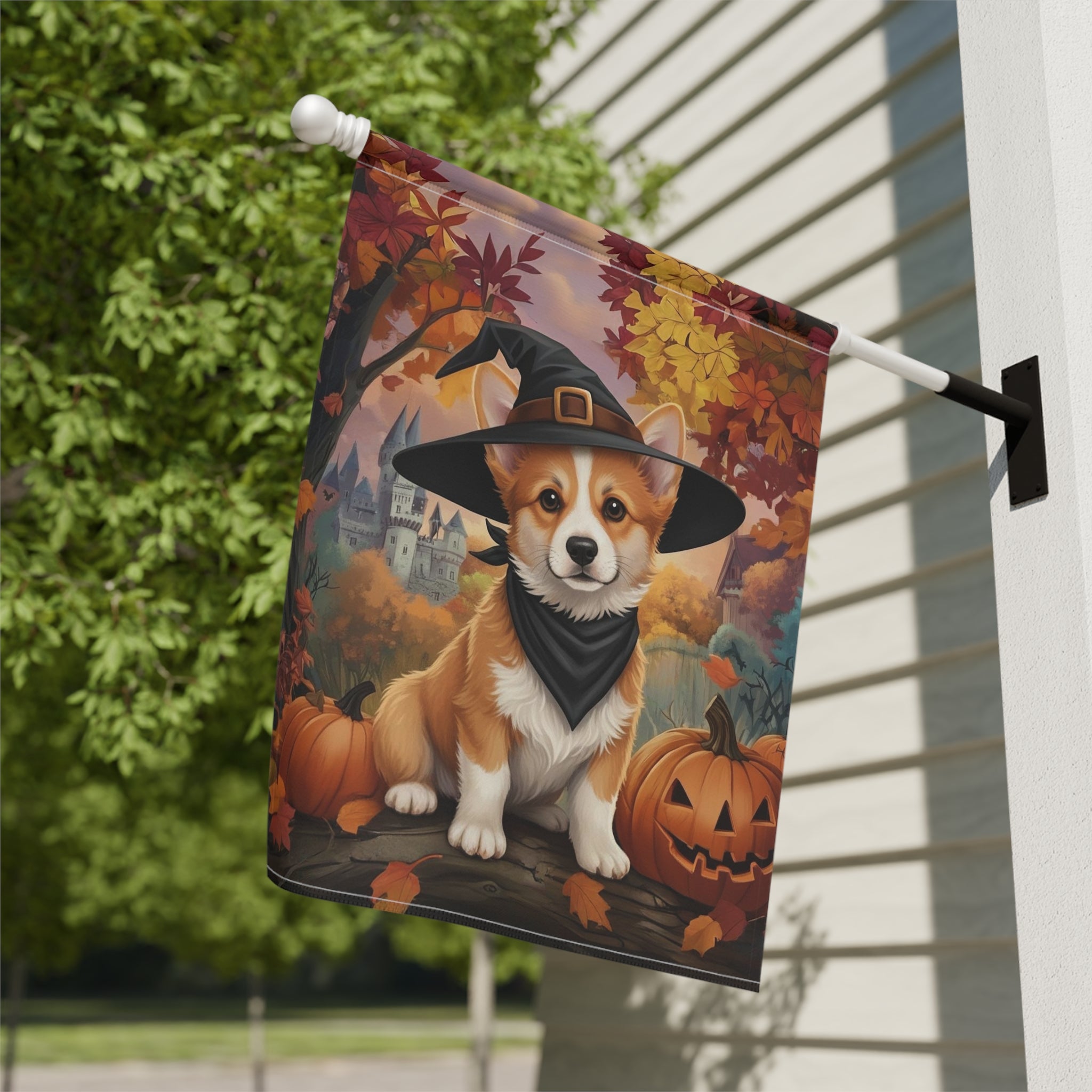 Witch Hat Corgi Halloween Garden Flag - close-up detail - Dragonfire Gardens