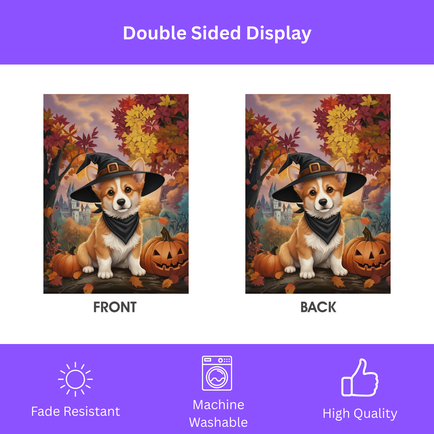 Witch Hat Corgi Halloween Garden Flag - double-sided design - Dragonfire Gardens