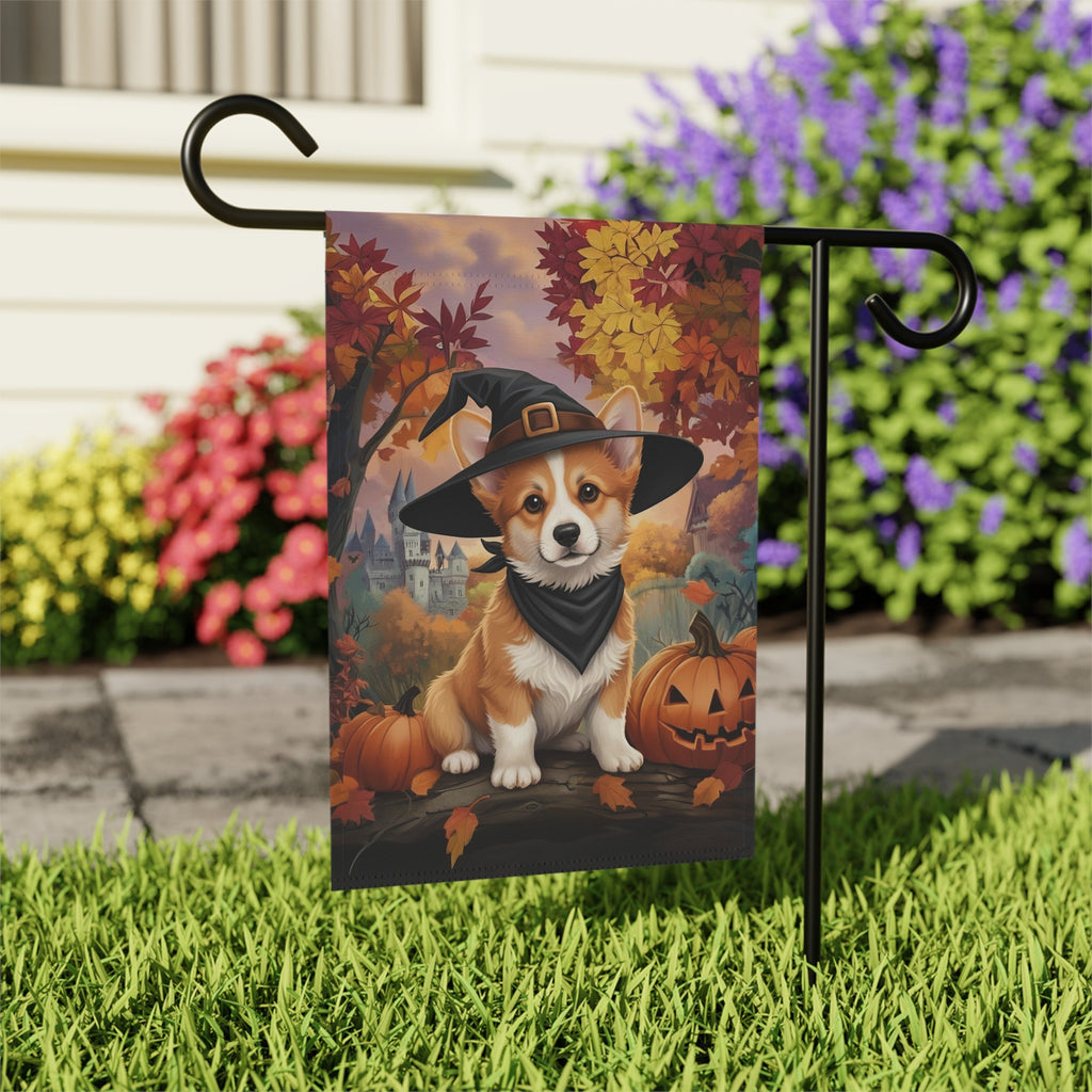 Witch Hat Corgi Halloween Garden Flag - outdoor display - Dragonfire Gardens