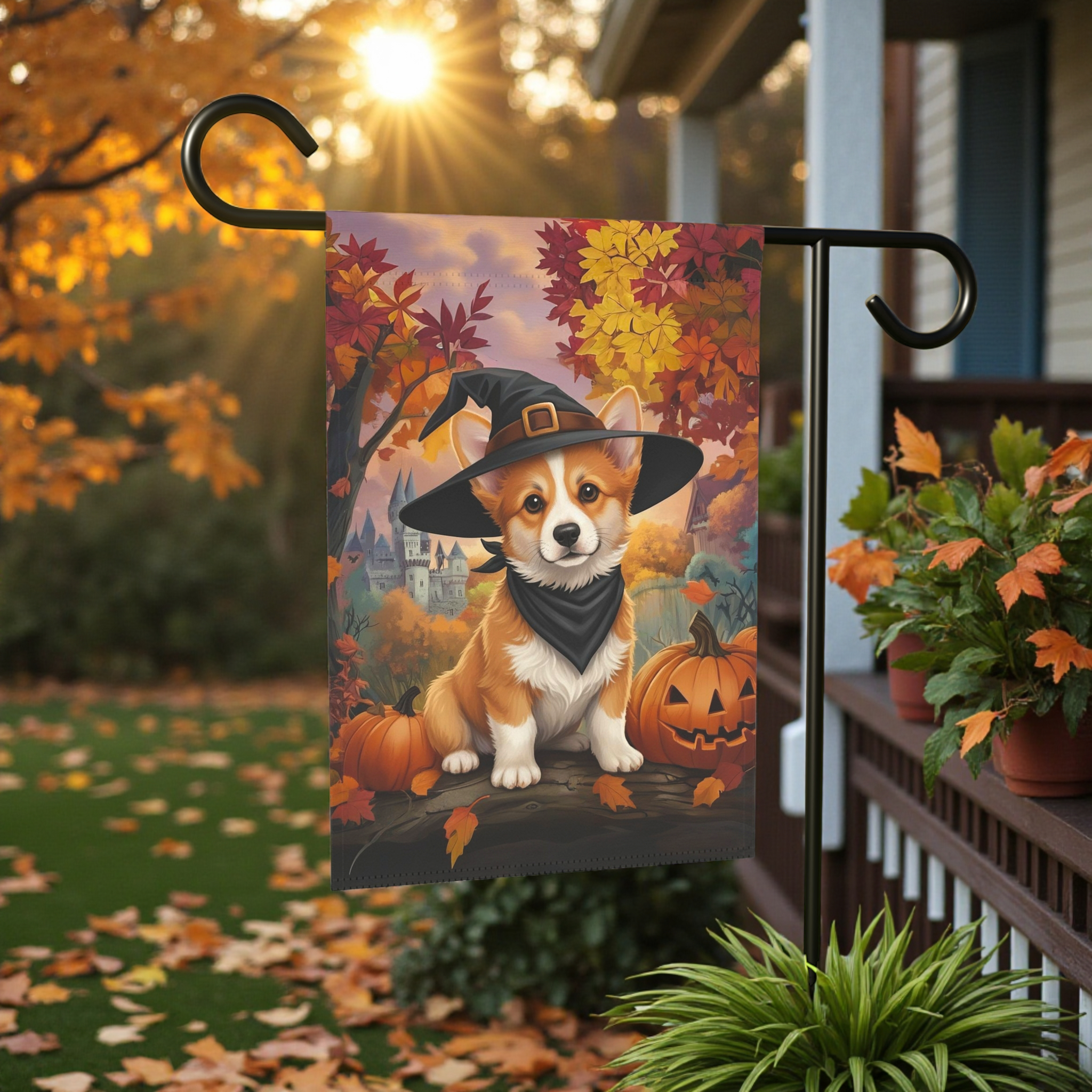 Witch Hat Corgi Halloween Garden Flag - front view - Dragonfire Gardens