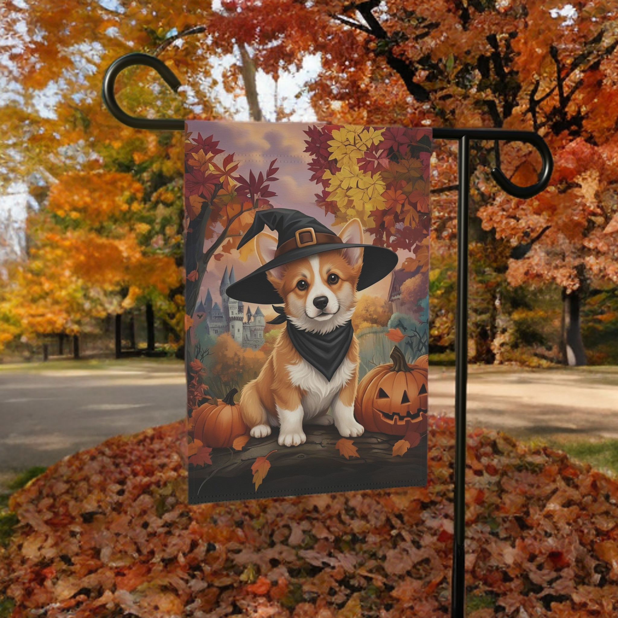 Witch Hat Corgi Halloween Garden Flag - size comparison - Dragonfire Gardens