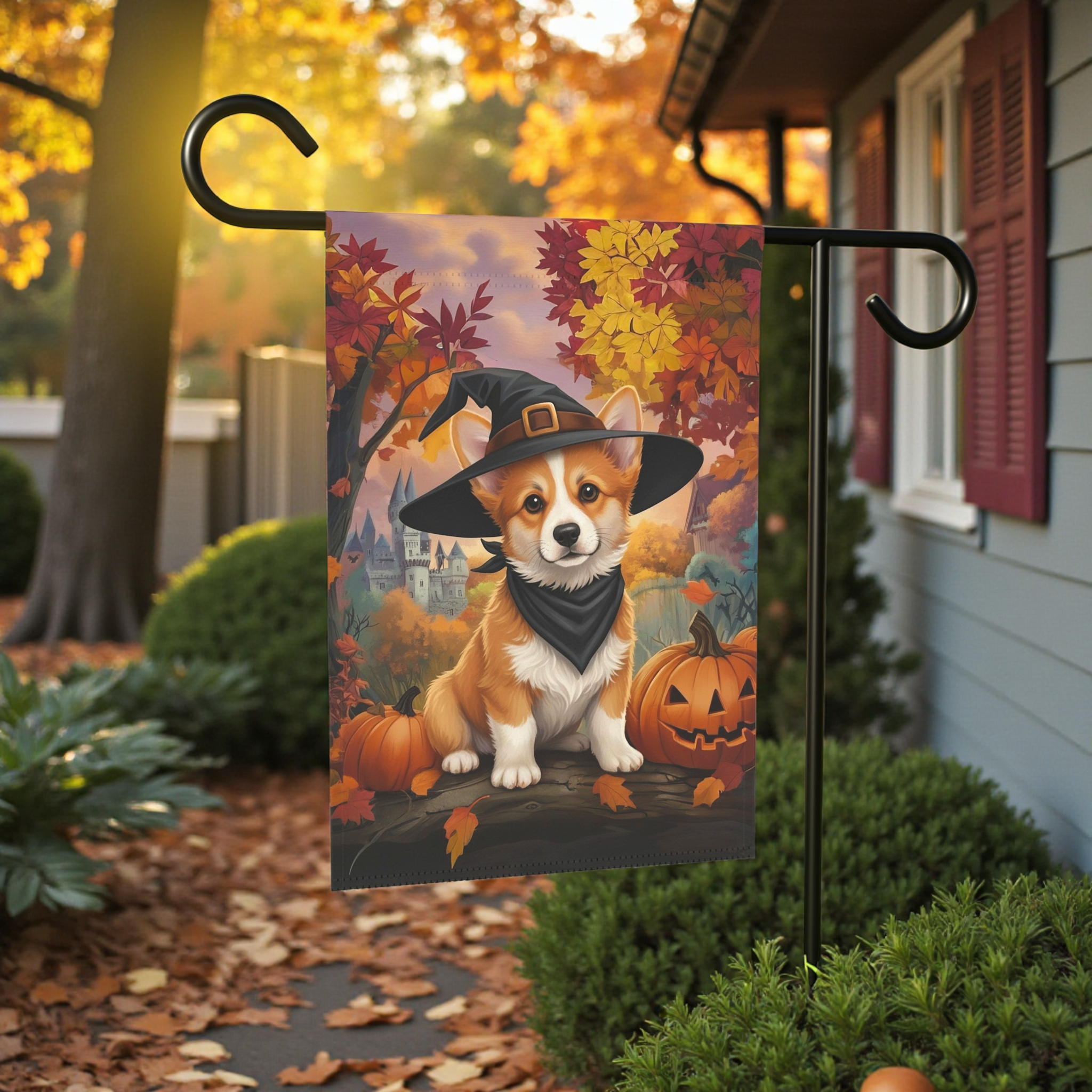 Witch Hat Corgi Halloween Garden Flag - lifestyle display - Dragonfire Gardens