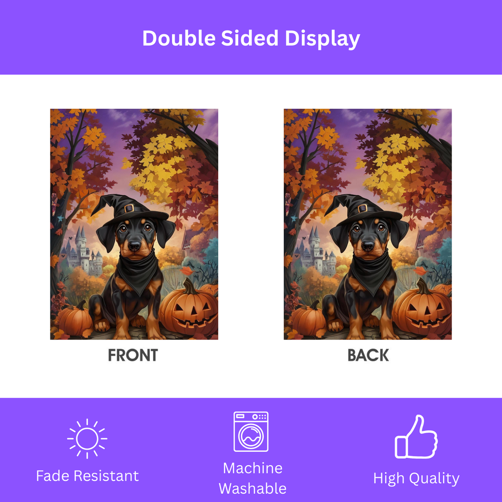 Halloween Doberman Puppy Garden Flag - double-sided design - Dragonfire Gardens