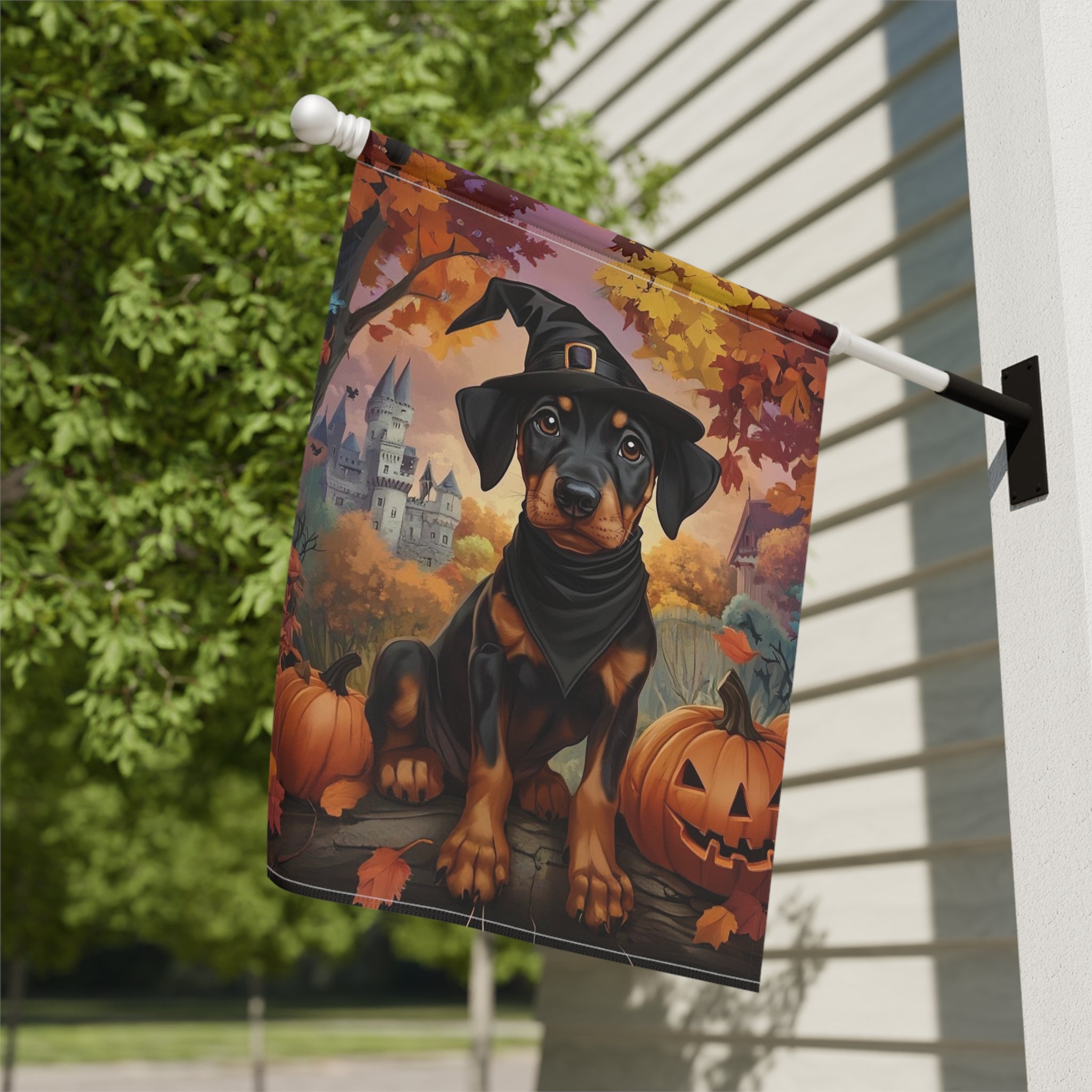 Halloween Doberman Puppy Garden Flag - close-up detail - Dragonfire Gardens