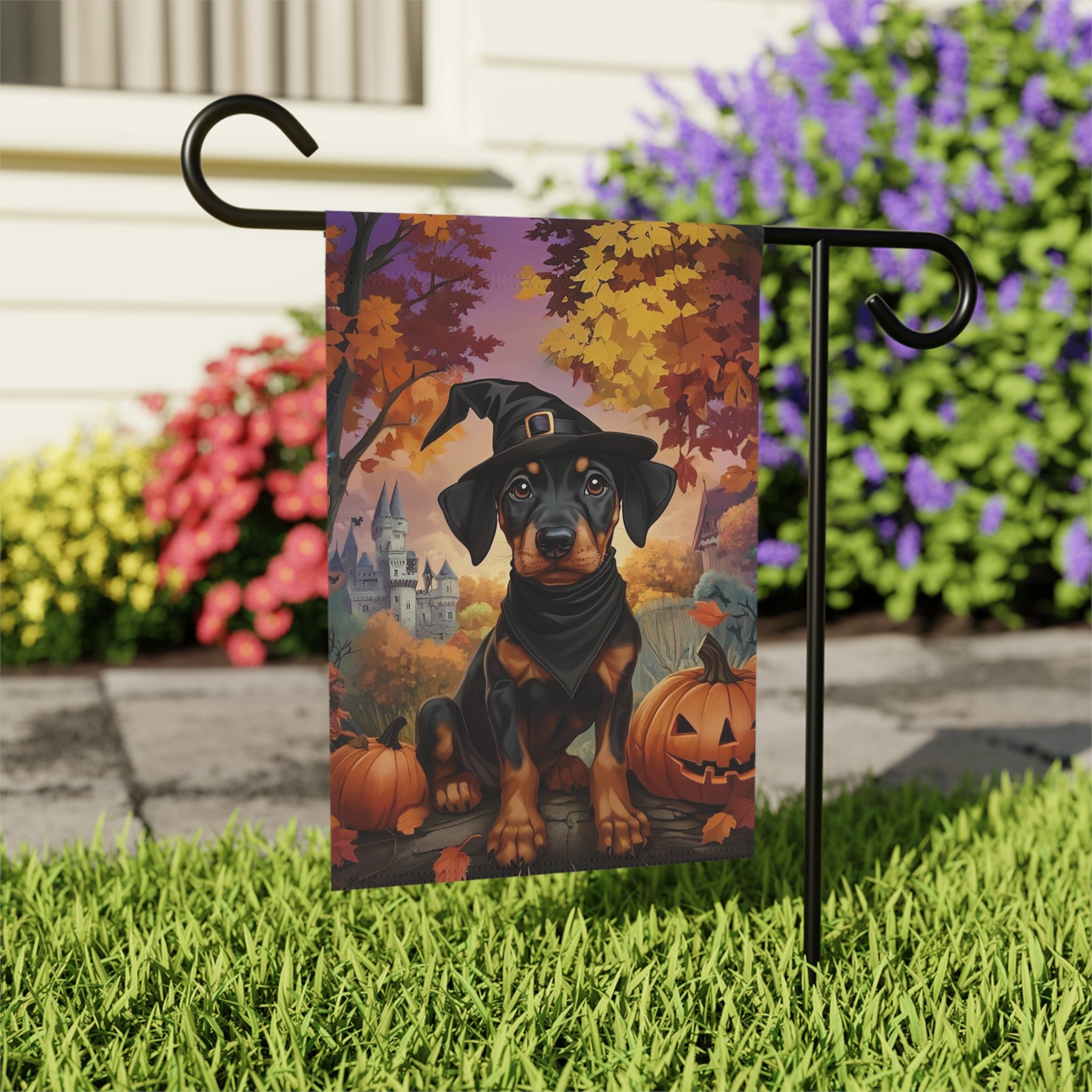 Halloween Doberman Puppy Garden Flag - outdoor display - Dragonfire Gardens