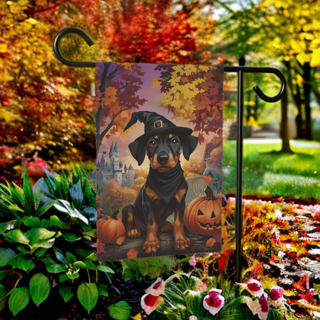Halloween Doberman Puppy Garden Flag - size comparison - Dragonfire Gardens