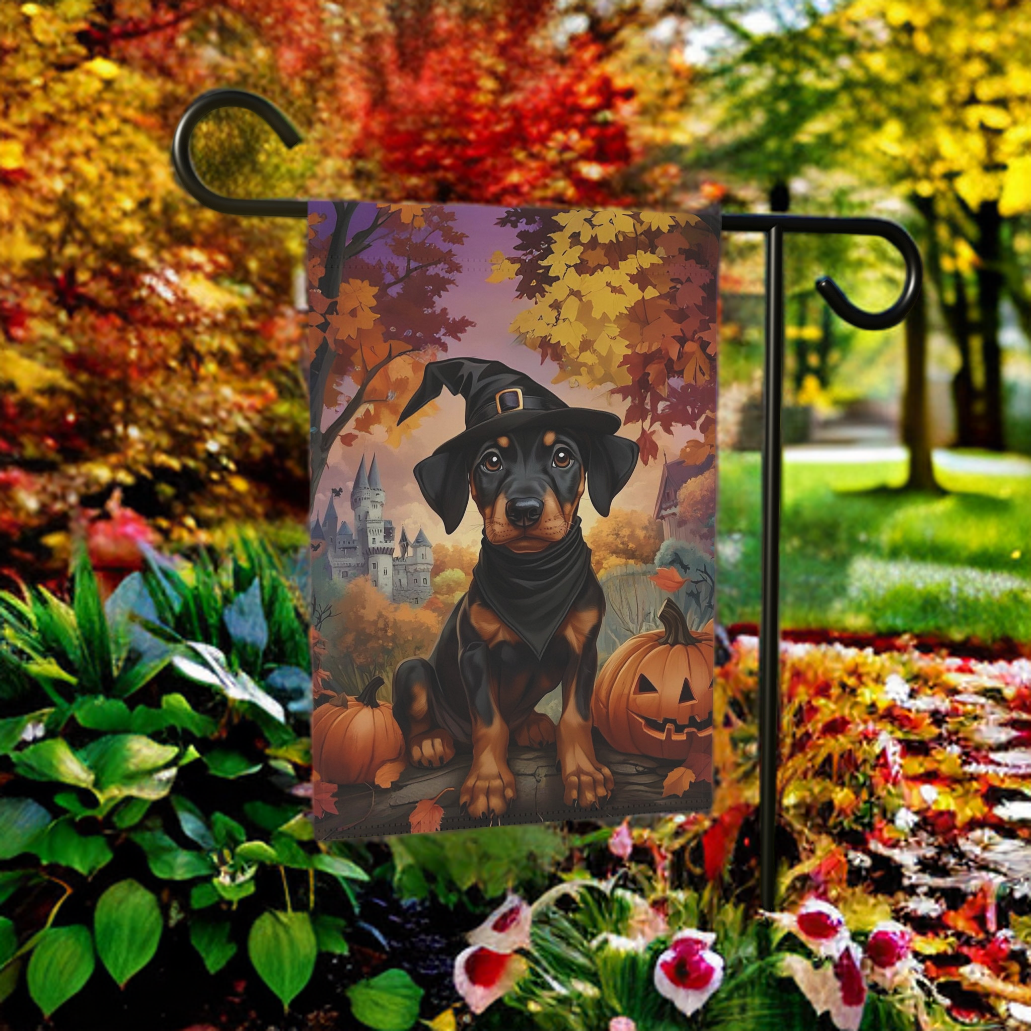 Halloween Doberman Puppy Garden Flag - size comparison - Dragonfire Gardens