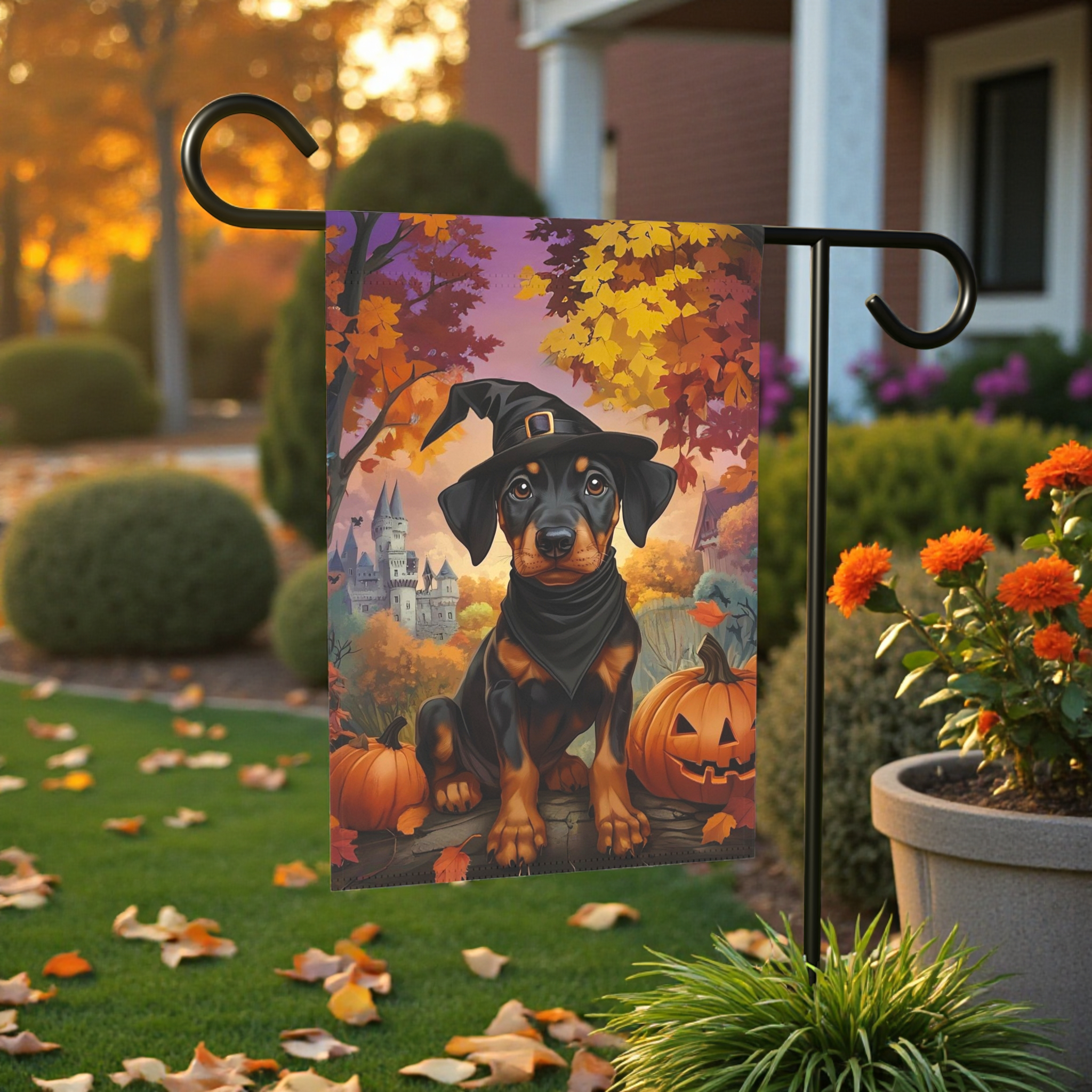 Halloween Doberman Puppy Garden Flag - front view - Dragonfire Gardens