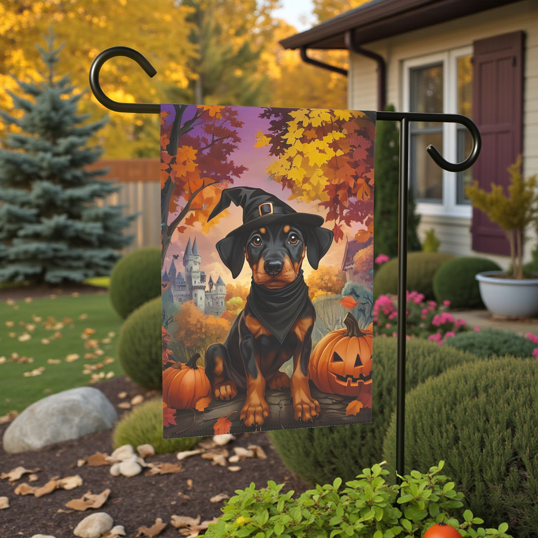 Halloween Doberman Puppy Garden Flag - lifestyle display - Dragonfire Gardens