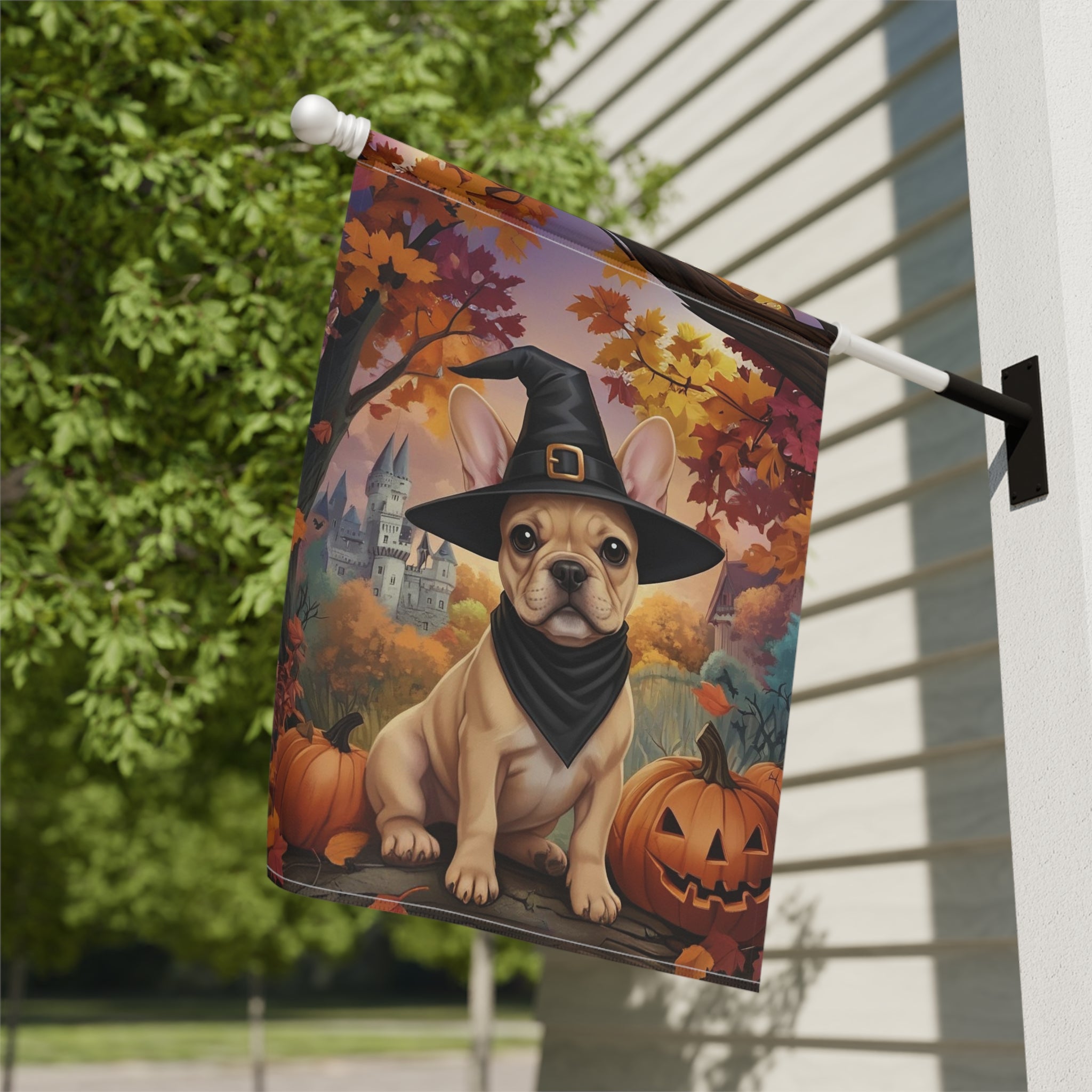 Witch Hat French Bulldog Halloween Garden Flag - close-up detail - Dragonfire Gardens