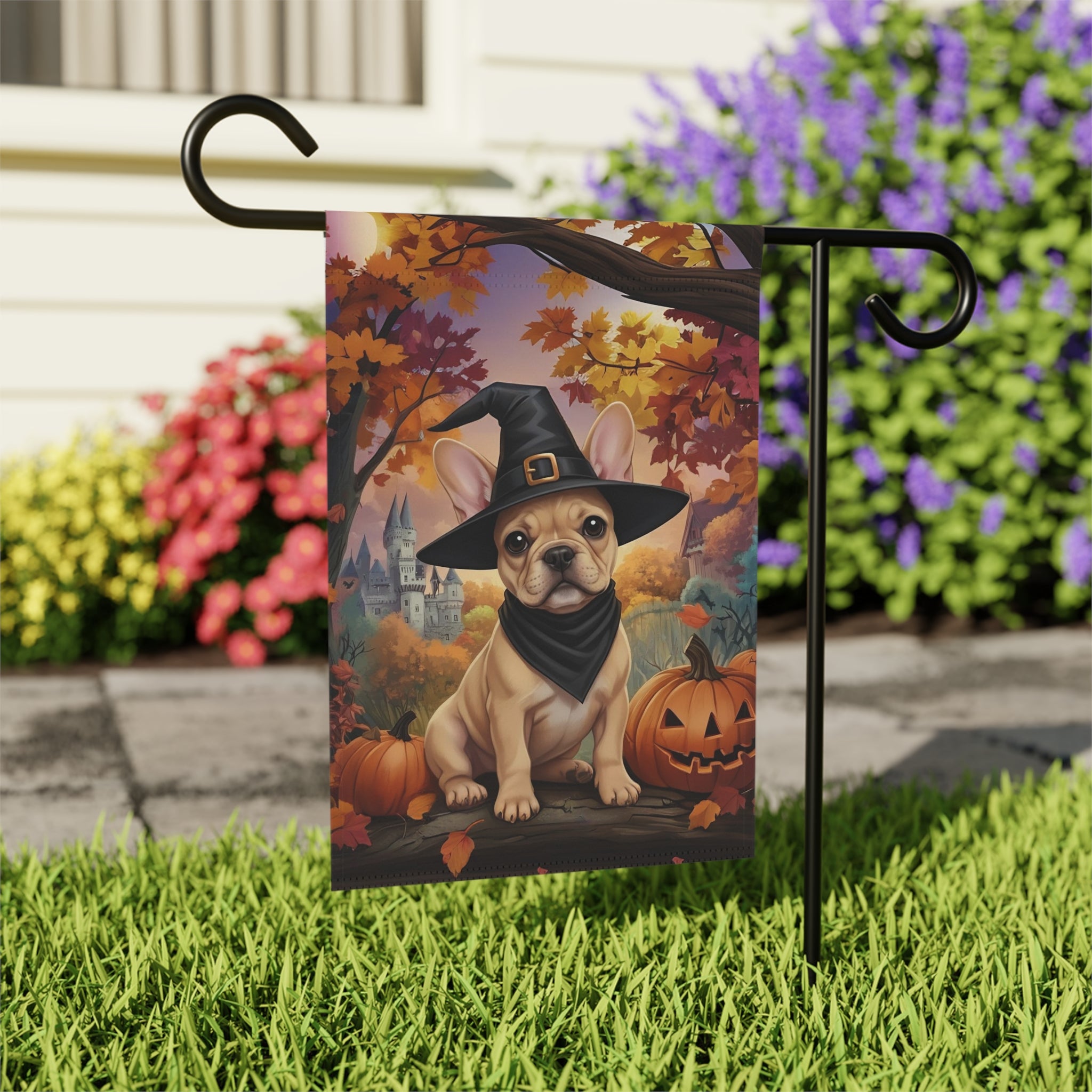 Witch Hat French Bulldog Halloween Garden Flag - outdoor display - Dragonfire Gardens